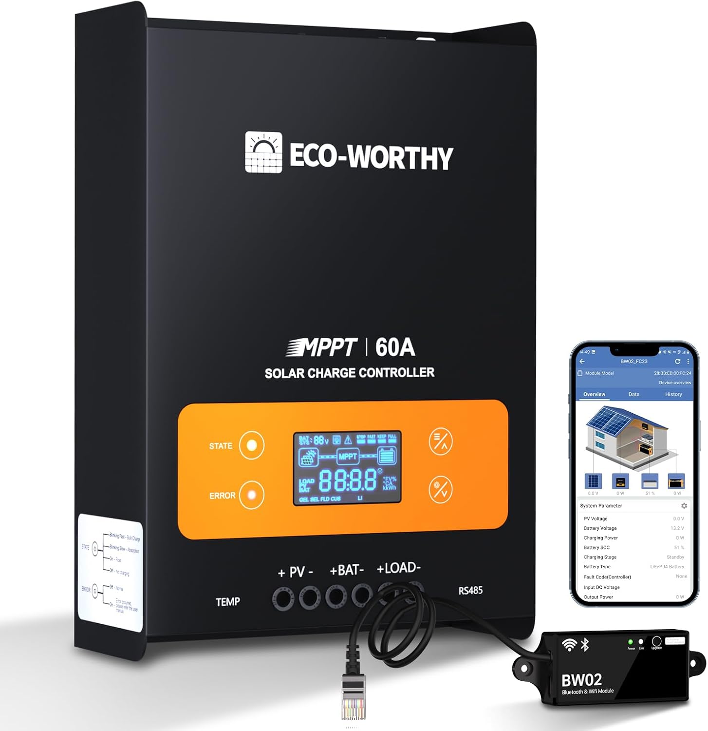 ECO-WORTHY 60A MPPT Solar Charge Controller with Bluetooth&WiFi, Max PV Input 150V,12/24/36/48V Solar Panel Regulator for Lead-Acid/Lifepo4 Battery in Solar System RV