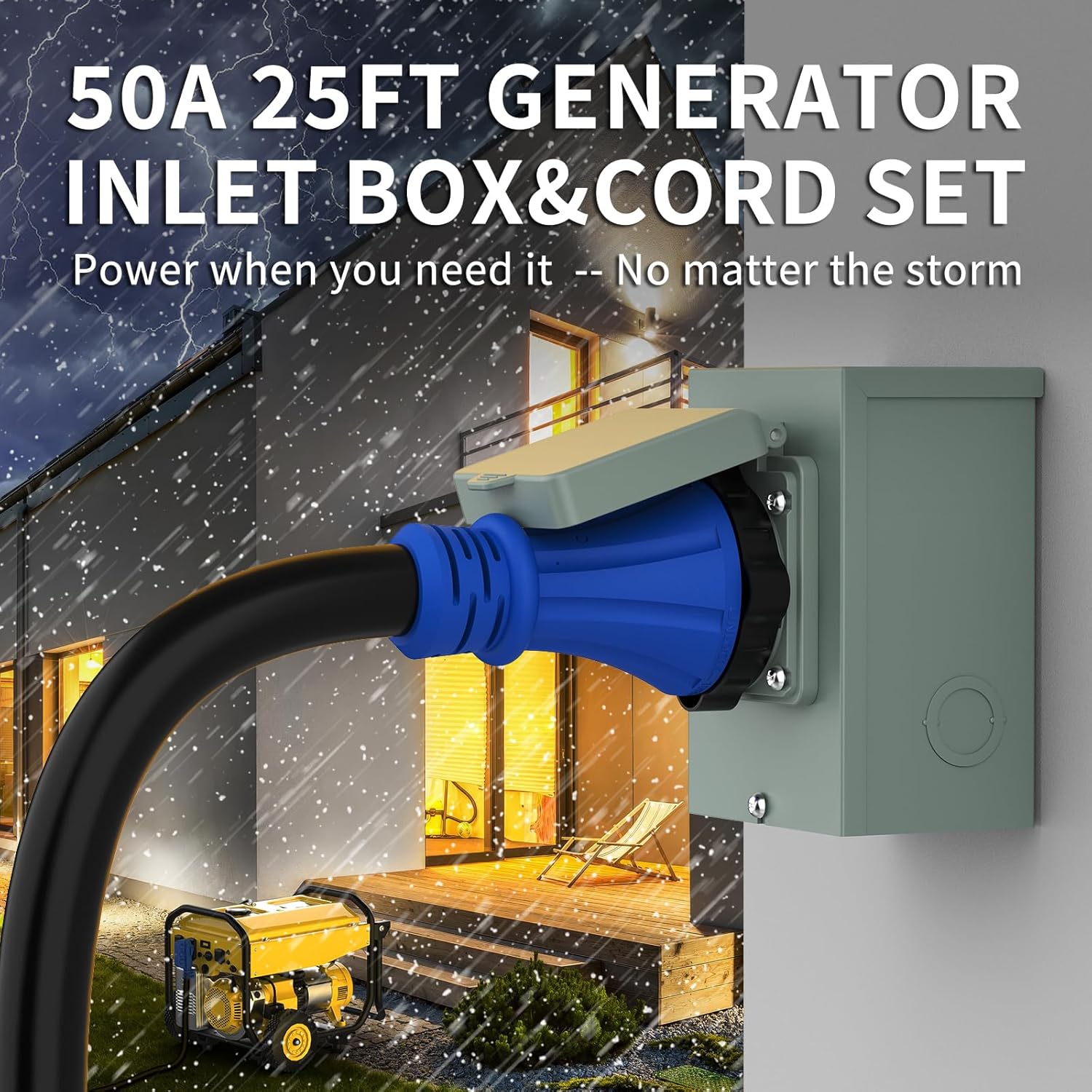 50 Amp Power Inlet Box and 25FT Generator Cord, 125V/250V Emergency Power Combo Kit, NEMA 3R Generator Plug, NEMA14-50P/SS2-50R RV Power Extension Cord, Twist Lock, Grip Handle