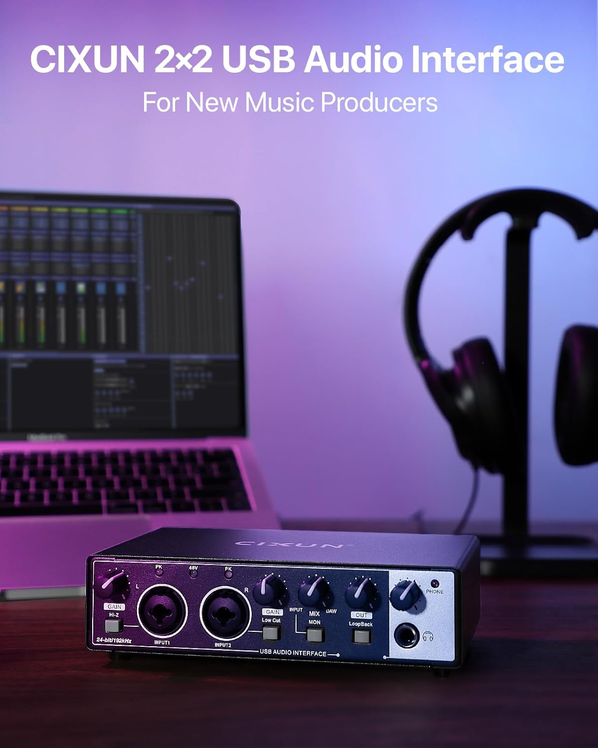 2x2 USB-C Audio Interface for PC/Mac Recording, 24-bit/192kHz, Dual TS/XLR Inputs, +48V Phantom Power, Studio/Podcast/Streaming (Matte Black)