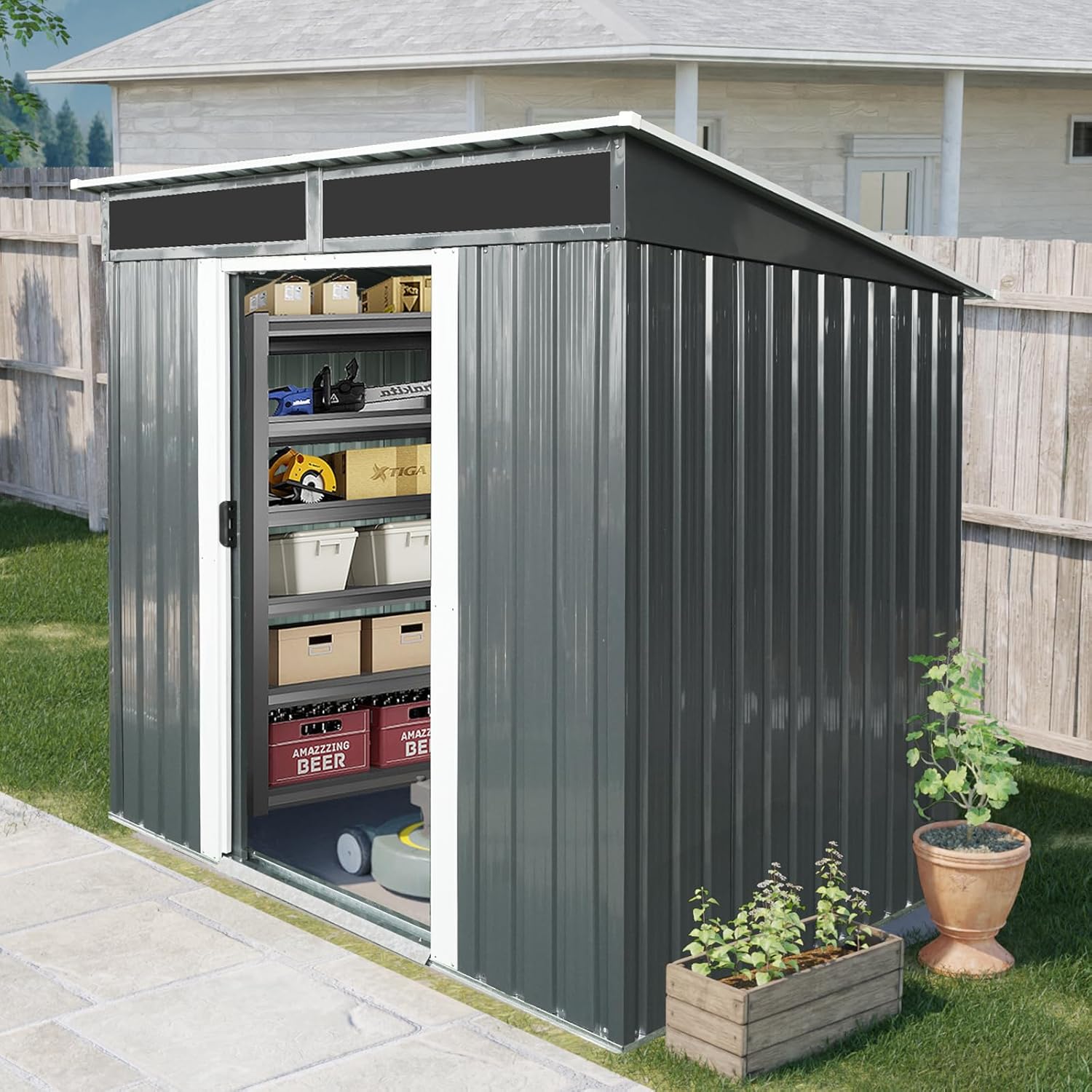 Outdoor Metal Storage Shed with Sliding Doors,Ventilation,Metal Floor Base - Galvanized Steel Construction,UV-Resistant Coating - Garden Tool House (Black White,6 x 5 FT)