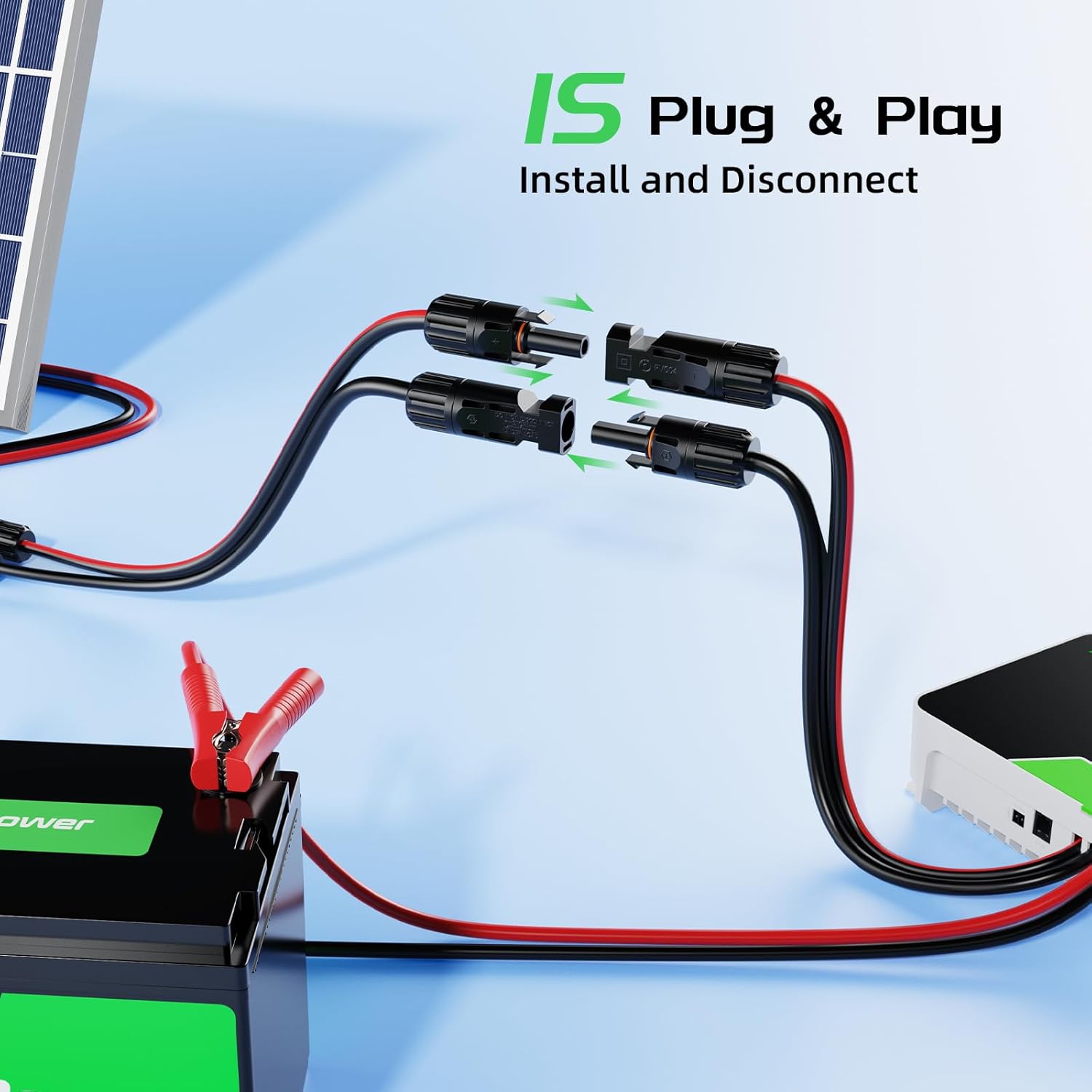 Bateria Power 50 Feet 10AWG Solar Panel Extension Cable 6mm² with Female & Male Connectors, 10 Gauge Twin Wire Conductor Parallel Solar Wire Adapter for RV, Photovoltaic Systems