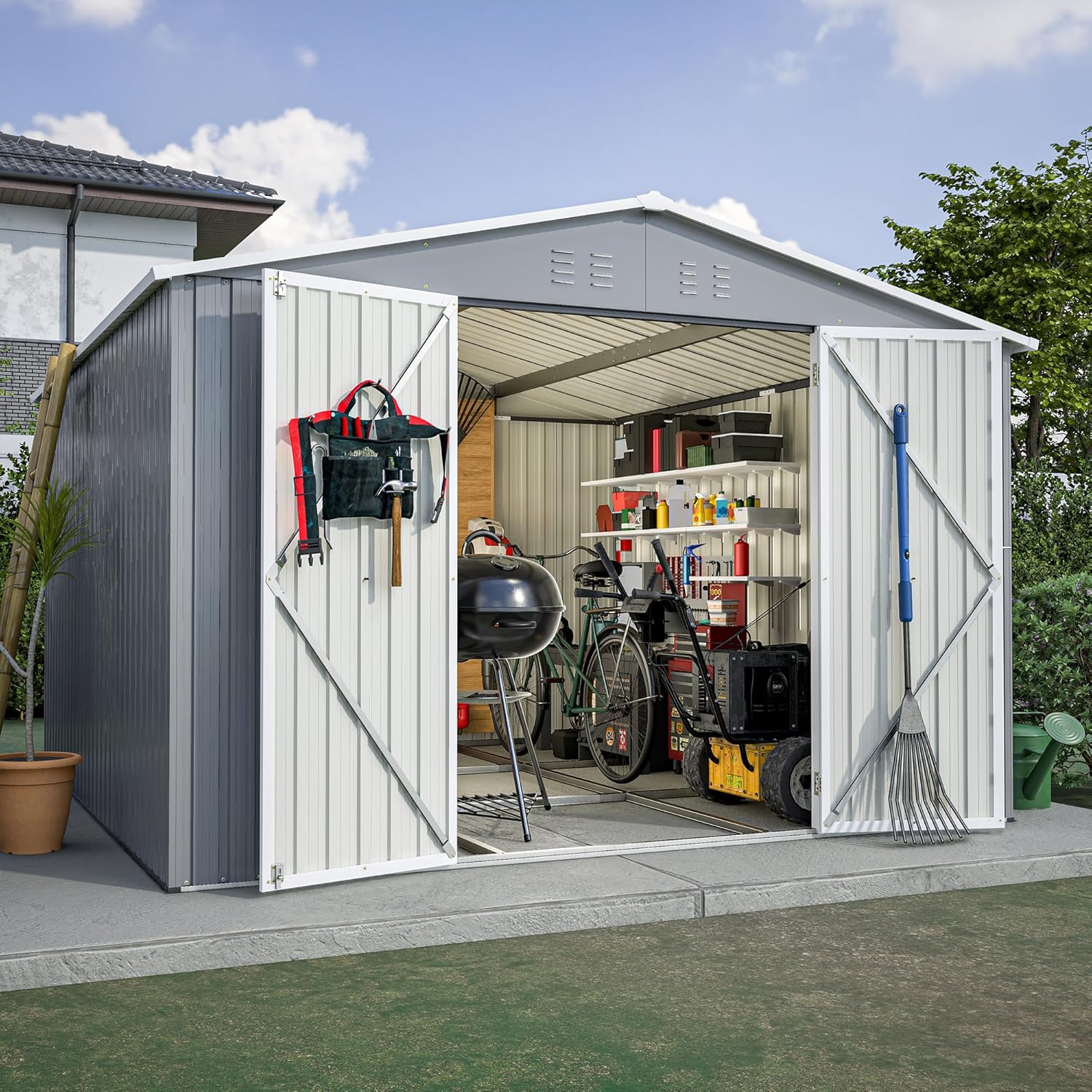 10x10 FT Outdoor Storage Shed with Floor,Metal Shed W/Air Vent & Sloped Roof,All Weather Waterproof Garden Tool House W/Lockable Hinged Door,for Backyard,Patio,Lawn,Gray