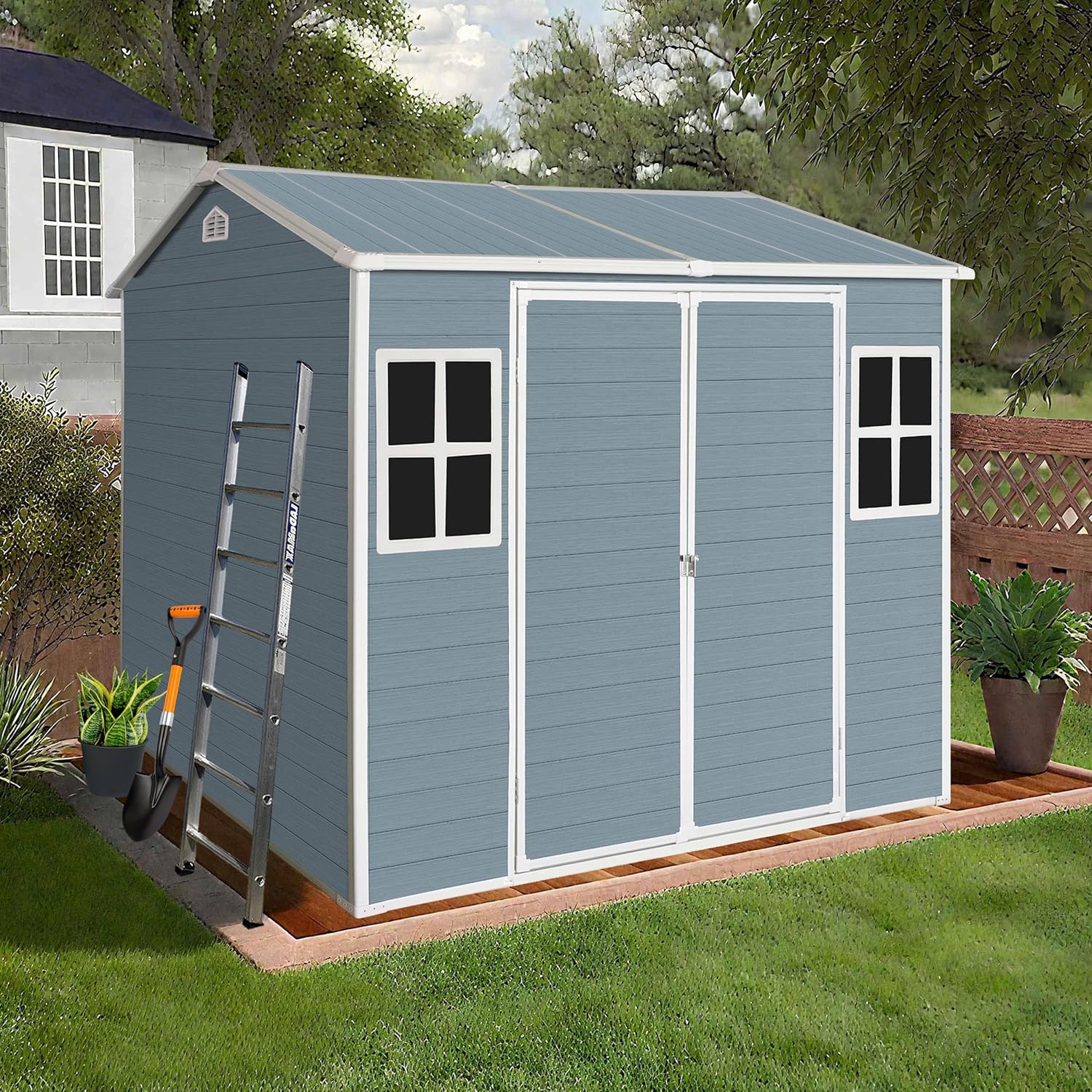 Resin Storage Shed 8x4 ft Outdoor Shed with Floor, Plastic Sheds with Two Windows and Lockable Double Door, Waterproof Garden Shed with Vents, Tool Sheds for Backyard, Patio, Lawn, Grey