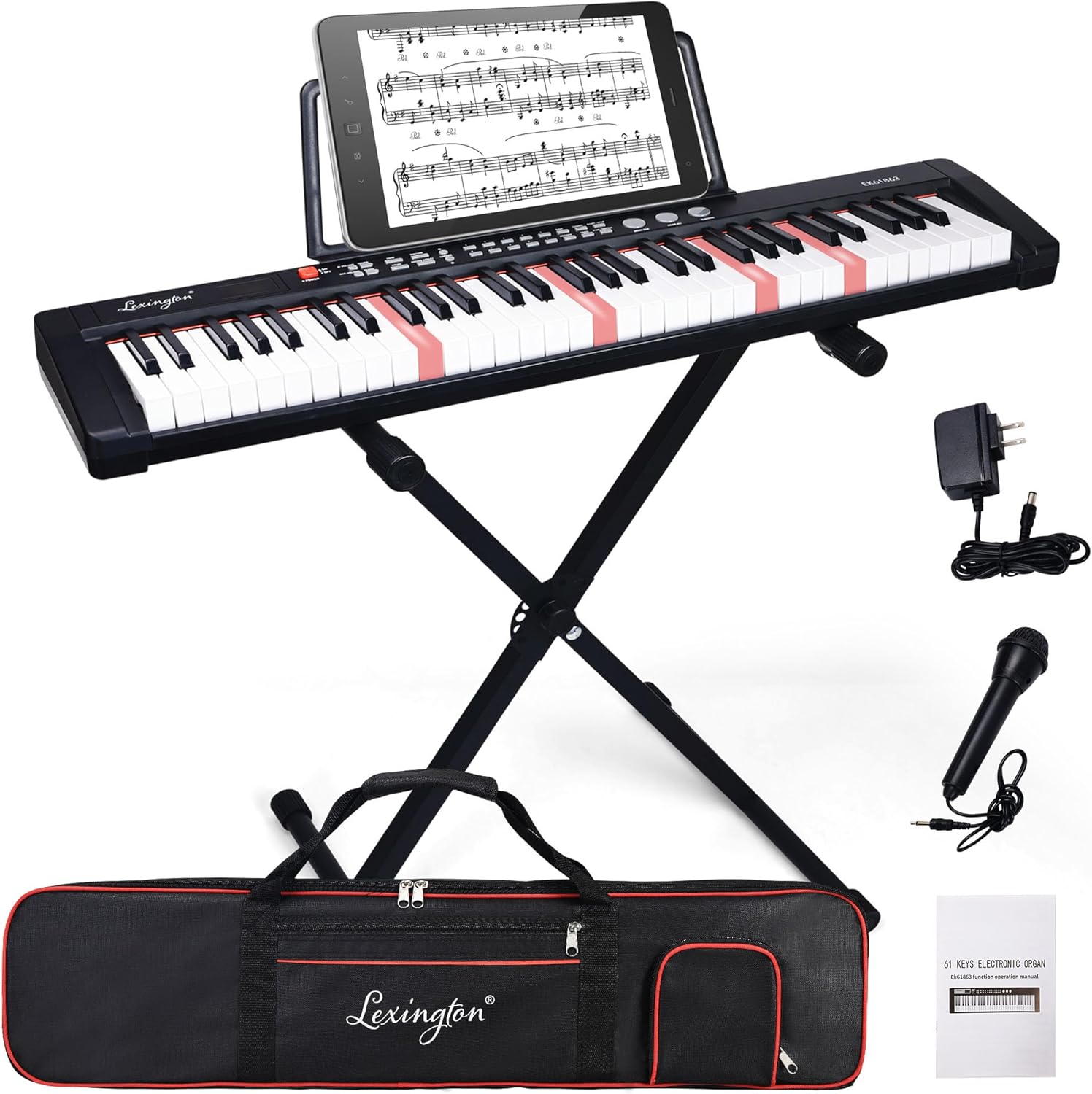 Lexington 61 Key Keyboard Piano, Complete Electronic Piano Keyboard Set for Beginners Adults, Portable Music Keyboard with Lighted Keys, Teaching Modes, Stand, Case, Microphone (Black)