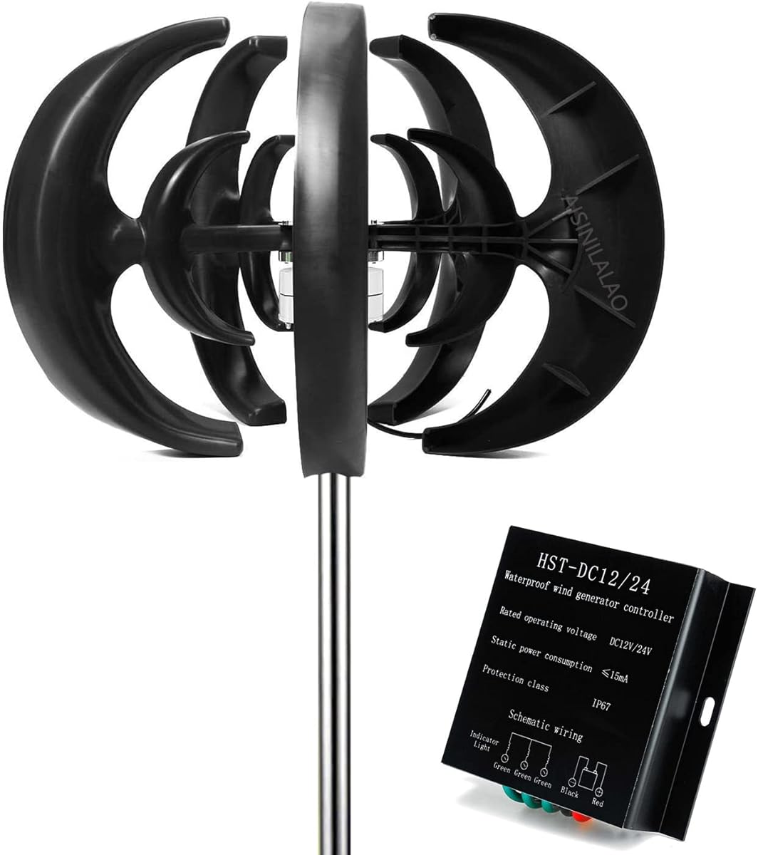 Low Noise 6000W Vertical Wind Generator 5 Blades Vertical Wind Power Turbine Generator Lantern Style with Charge Controller 12V 24V 48V (Black)