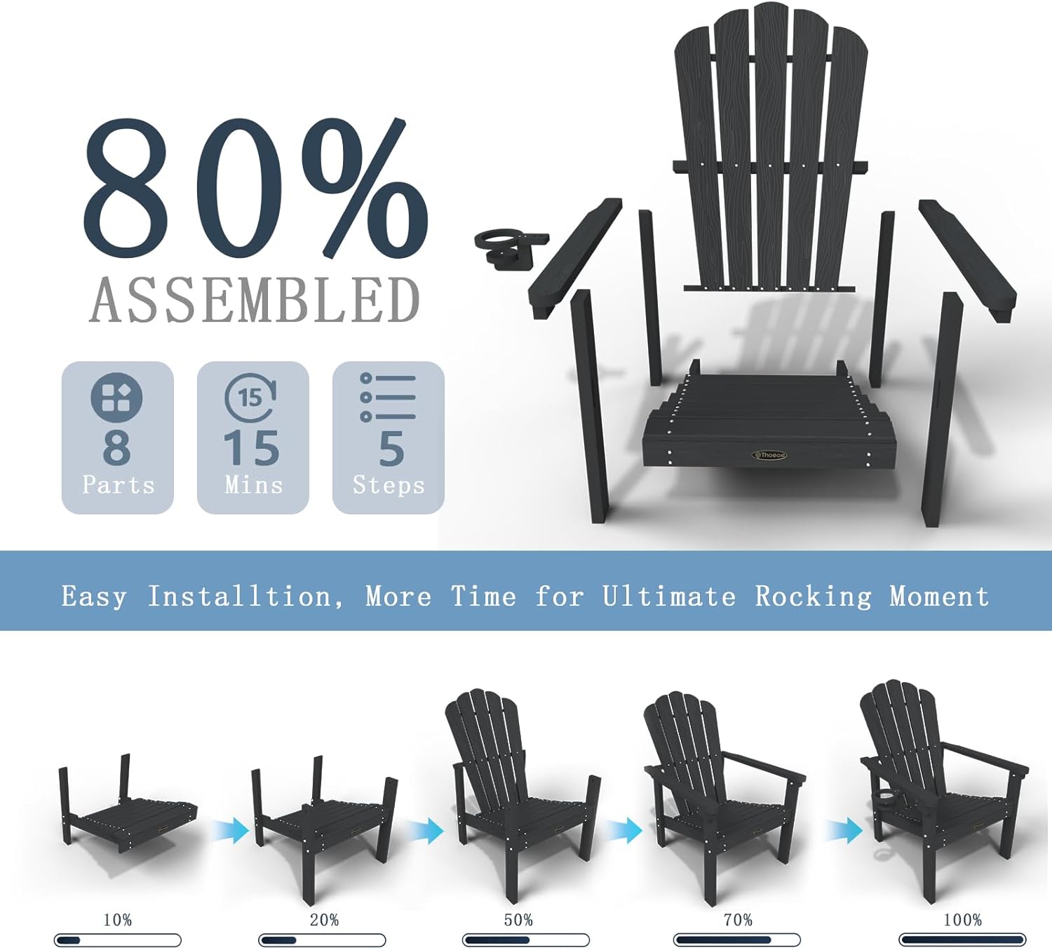 Stackable Adirondack Chair Set of 4, HDPE All-Weather Adirondack Chairs - Durable and Space Saving, Plastic Outdoor Fire Pit Chairs with Cup Holder,Grey