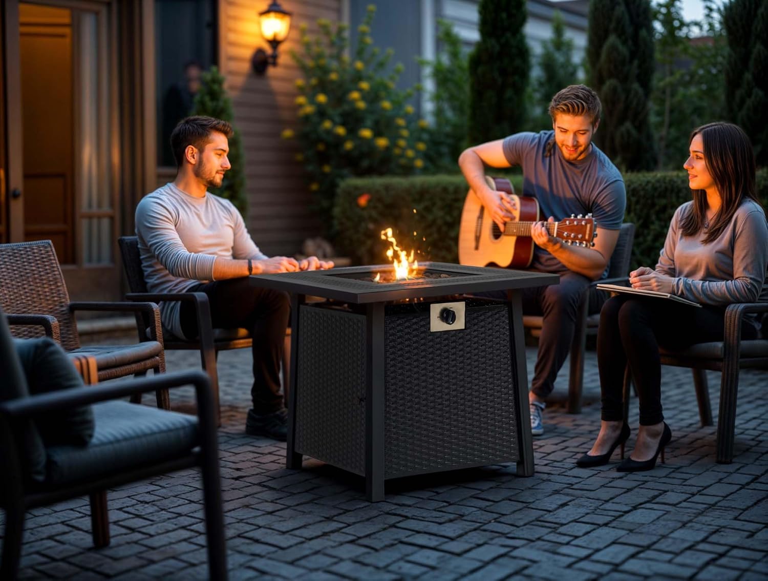 28'' Propane Fire Pit Table, 50,000 BTU Patio Fire Pit Table, 3-in-1 Multi-Use Iron Square Propane Firepit, Fit Patio Backyard Deck Outdoor Gatherings (Black 2)