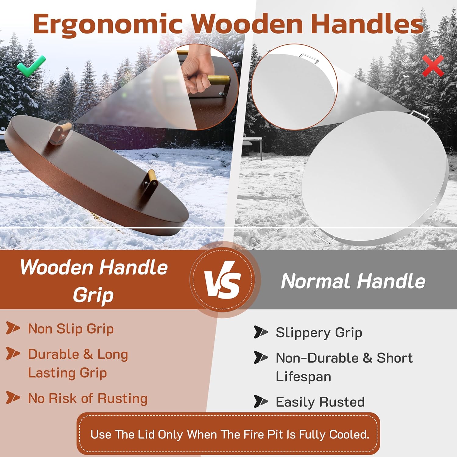 25.5” firepit lid round for inside up to 23” gas fire pit lid for Outdoor Fireplace Cover Lid Steel fire pit metal cover W/ Wooden Handle & Bronze Coated Snuffer Lid for Round Patio Fire Pit Ring