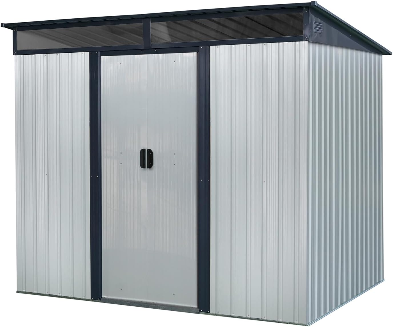8 x 6 FT Outdoor Storage Shed, Metal Garden Shed with Window, Sliding Doors & Transparent Plate, Tool Shed Tiny House Vertical Outside Storage Building for Backyard, White/Black