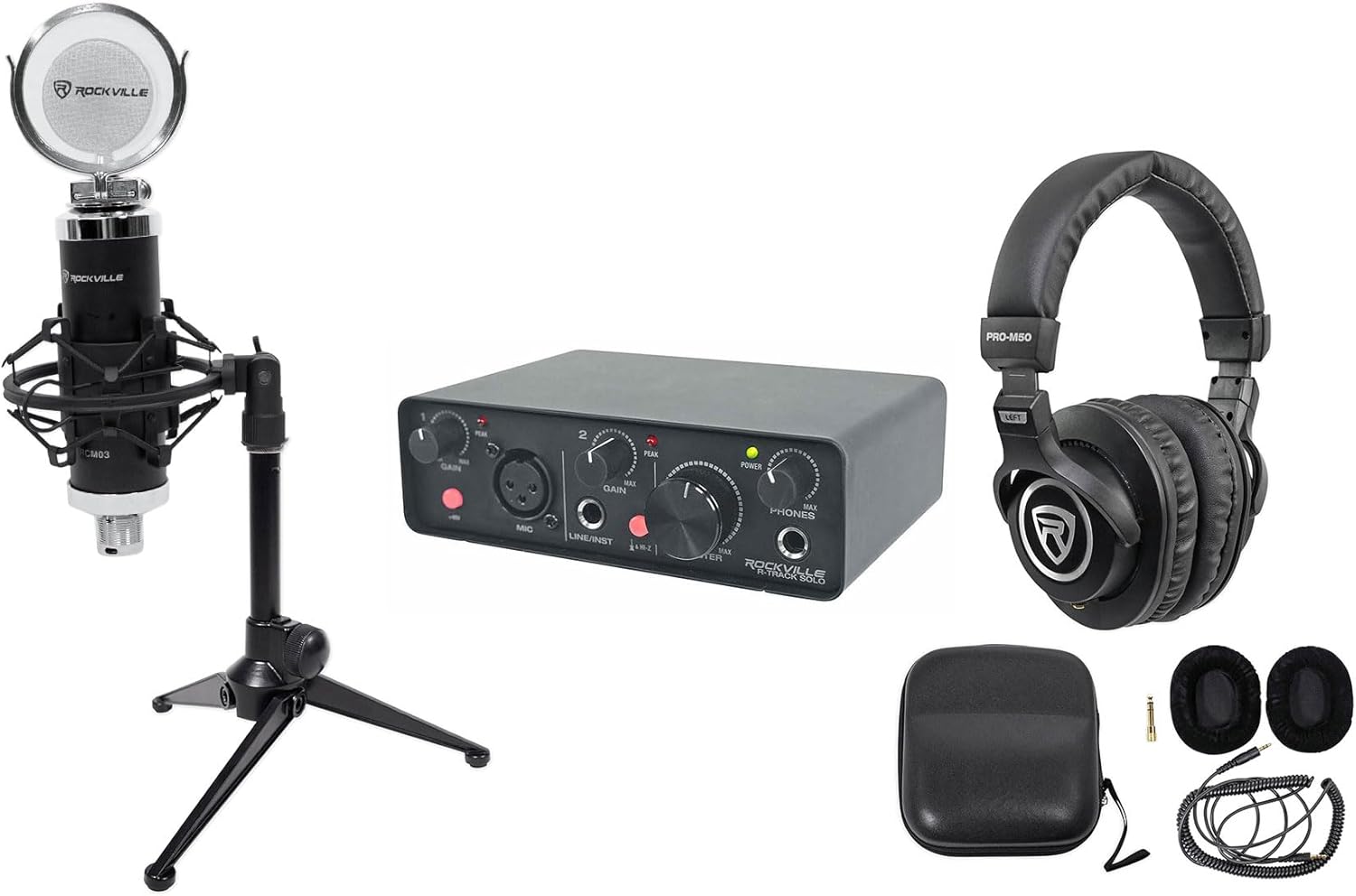 Rockville Bundle: Rockville R-TRACK SOLO Audio Interface Drivers Bundle with Rockville RCM03 Microphone Shock Mount & Rockville PRO-M50 Studio Headphones & Rockville RDTS Studio Mic Tripod (4 Items)