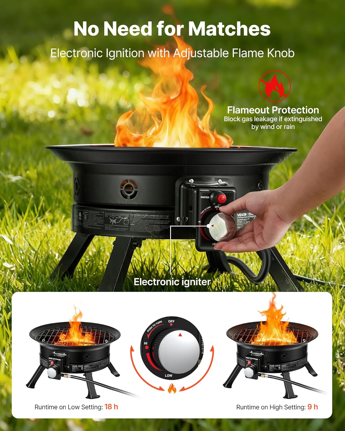 VEVOR Propane Fire Pit 24-Inch, 53,000 BTU Portable Gas Fire Pit, with Grill Grate & Lava Rocks, Adjustable Flame, Folding Legs,Smokeless Outdoor Firebowl for Camping, Patio, Backyard, Deck, RV, Black