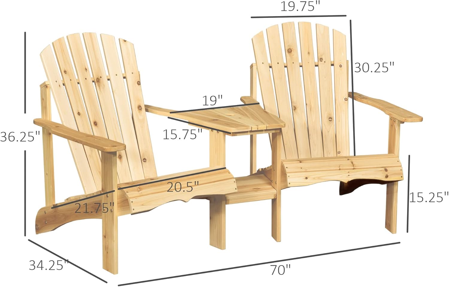 Outsunny Wooden Adirondack Chairs for Two People, Outdoor Fire Pit Chair with Table & Umbrella Hole, Patio Chair for Deck Lawn Pool Backyard, Natural
