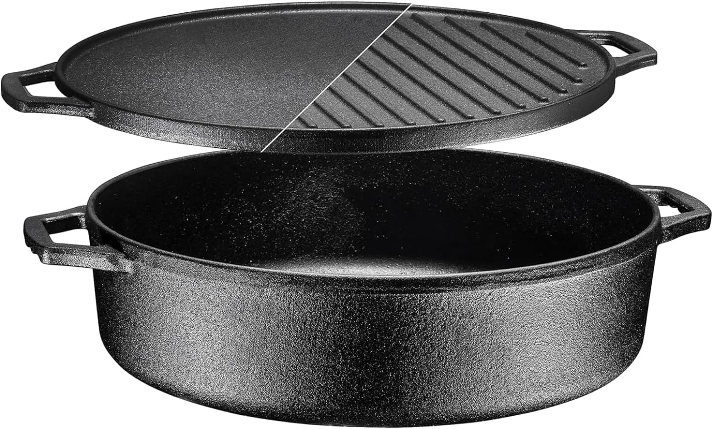 Bruntmor 6.8 Quart Cast Iron Skillet with Reversible Grill Griddle Lid - 3-in-1 Round Cast Iron Pan for Frying, Grilling, Dutch Oven Cooking - Roasting Pan with Lid, Camping Cookware, Black