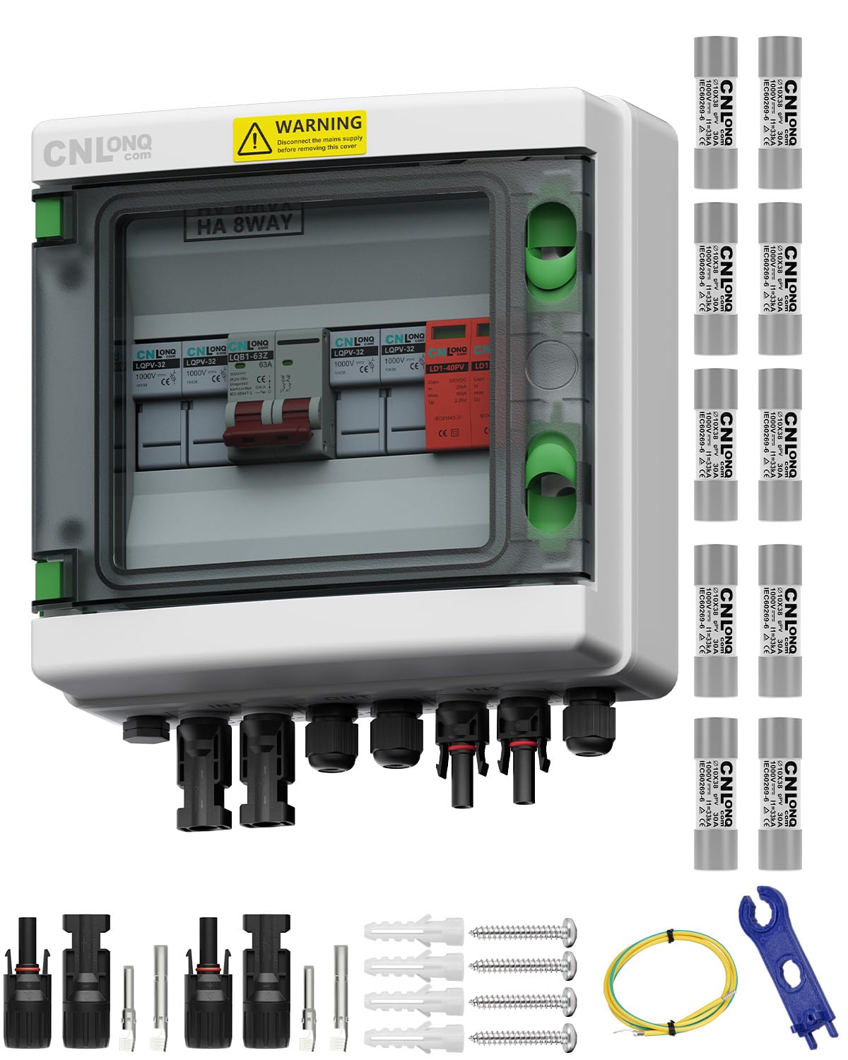 2 String Solar PV Combiner Box IP65 2 in 1 Out DC500V 63A Circuit Breaker & 10pcs Fuse Link 30A with Surge Protector and 30A PV Fuse,Solar Disconnect Switch Outdoor Waterproof for Solar Panels System