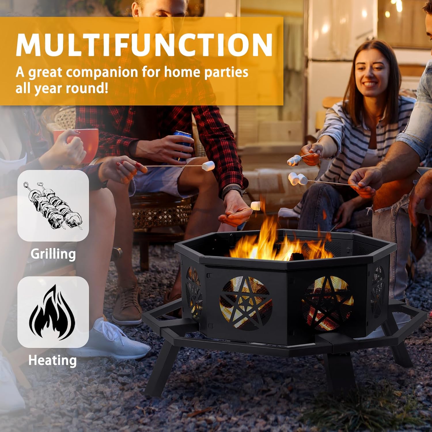 35 inch Fire Pit for Outside, Heavy Duty Wood Burning Fire Pits with Fire Poker, Outdoor Octagonal Firepit for Camping, Yard, Patio