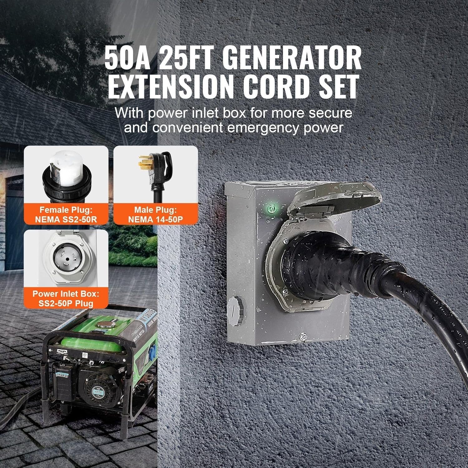 50 Amp Generator Cord and Power Inlet Box Kit, 25FT, NEMA 14-50P/SS2-50R STW 6/3+8/1 AWG Generator Power Cord with Twist Lock Connector, Pre-Drilled Inlet Box for Generator to House, ETL Listed