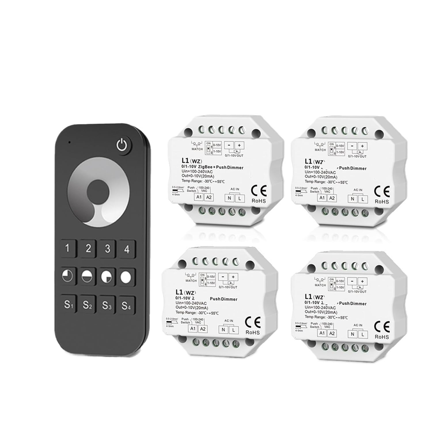 0/1-10V Dimmer Kit 110V 220V 230V 1 Channel Input LED Dimming Control 2.4G Single Color 4 Zone Remote Control(4xL1(WZ) and 1xRT6)