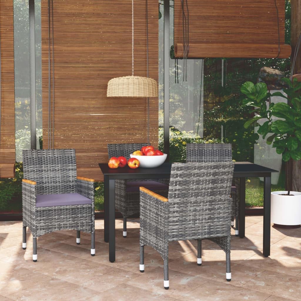 5 Piece Patio Dining Set with Cushions Poly Rattan Gray,Outdoor Patio Dining Set with Rust Proof Rattan Chairs and Glass Tabletop for Garden, Balcony, or Patio Patio Furniture Sets, Outdoor Furniture