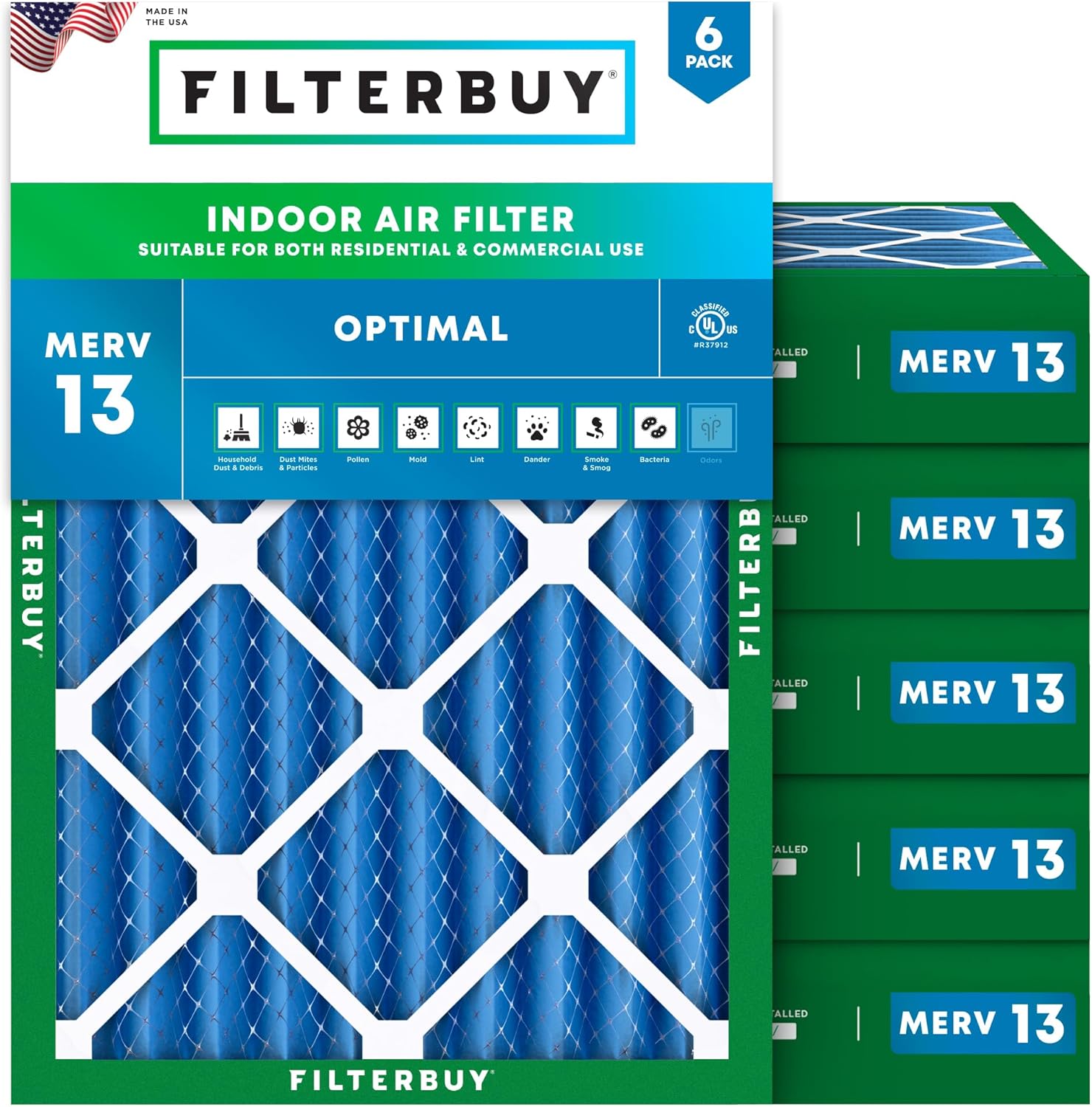 Filterbuy 18x25x4 Air Filter MERV 13 Optimal Smoke & Allergy Defense (6-Pack), Electrostatic Pleated HVAC AC Furnace Filters Replacement, Made in USA (Actual Size: 17.50 x 24.50 x 3.63)