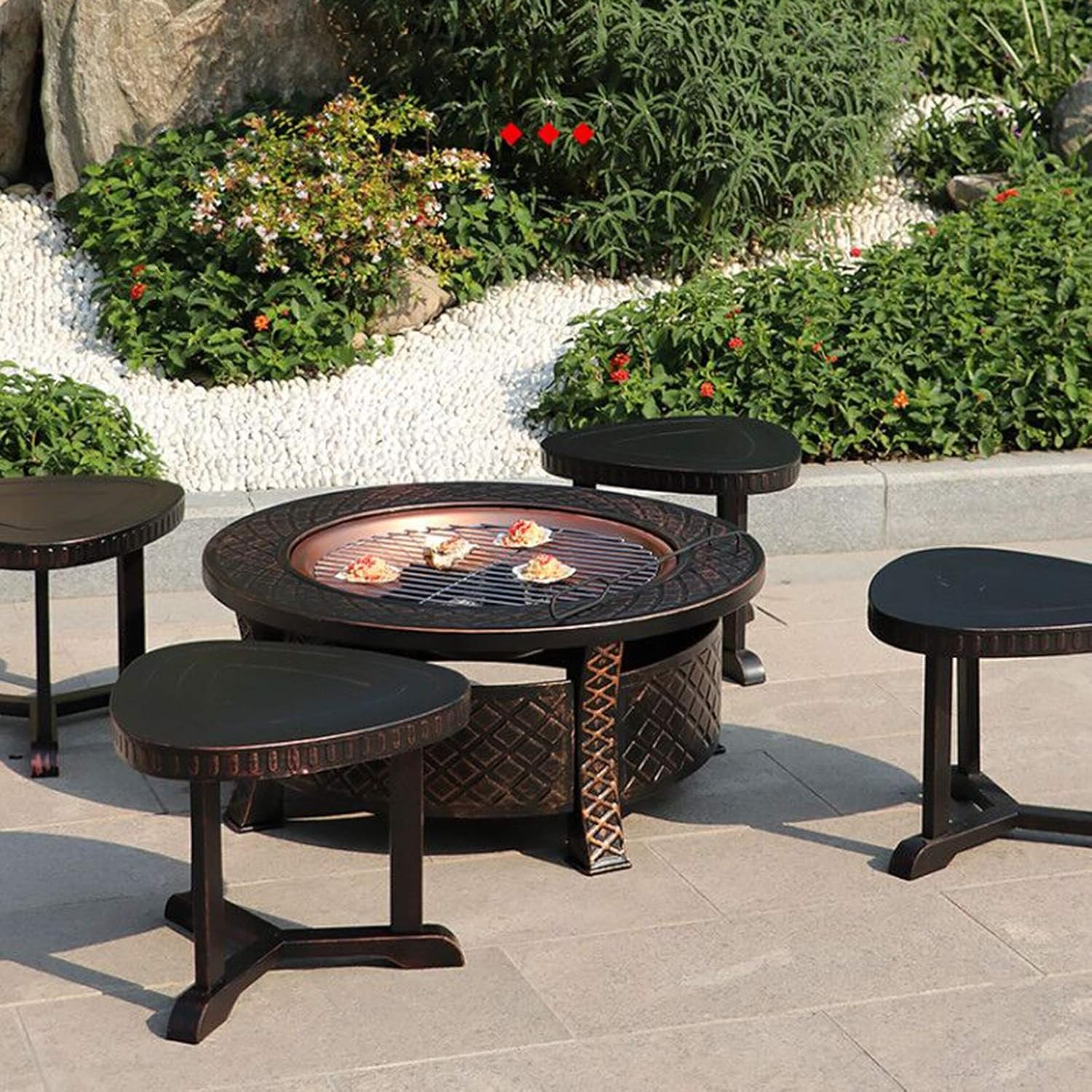 Outdoor Fire Pit Portable Garden Bonfire Pit and 4 Leisure Stools, Outdoor Heater with Cooking Grill, Wood Burning Fire Pit, 81cm/31.8