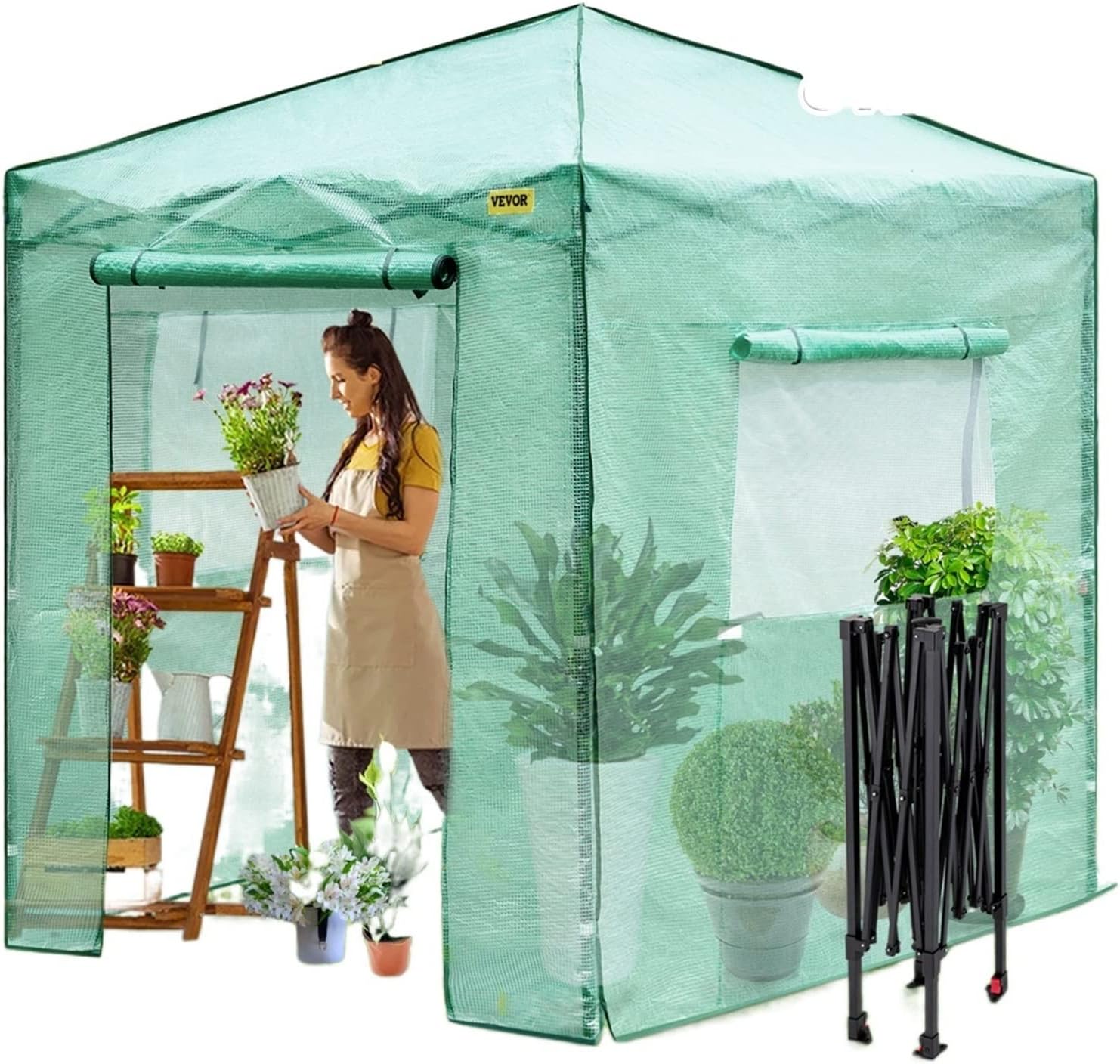8x6FT 8x12FT Outdoor Garden Walk-in Greenhouse Weather-proof With Roll-up Doors & Windows Steel Frame PE Cover Portable for Beginners DIY Use(8x12FT)