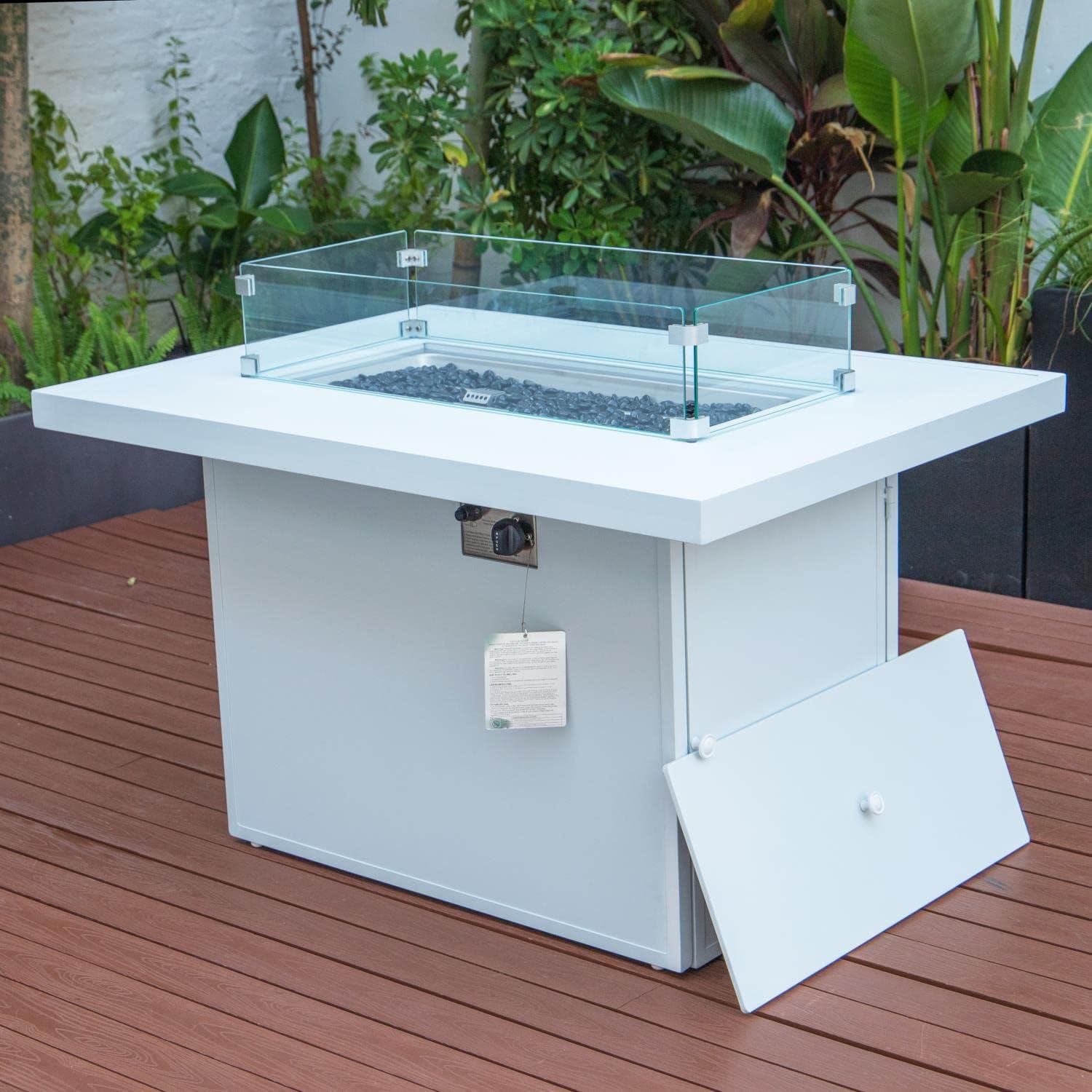 LeisureMod Chelsea Propane Fire Pit 44 Inch 55,000 BTU Auto-Ignition Gas Fire Pit Table with lid, Wind Guard and Decorative Stones Aluminum Frame (White)