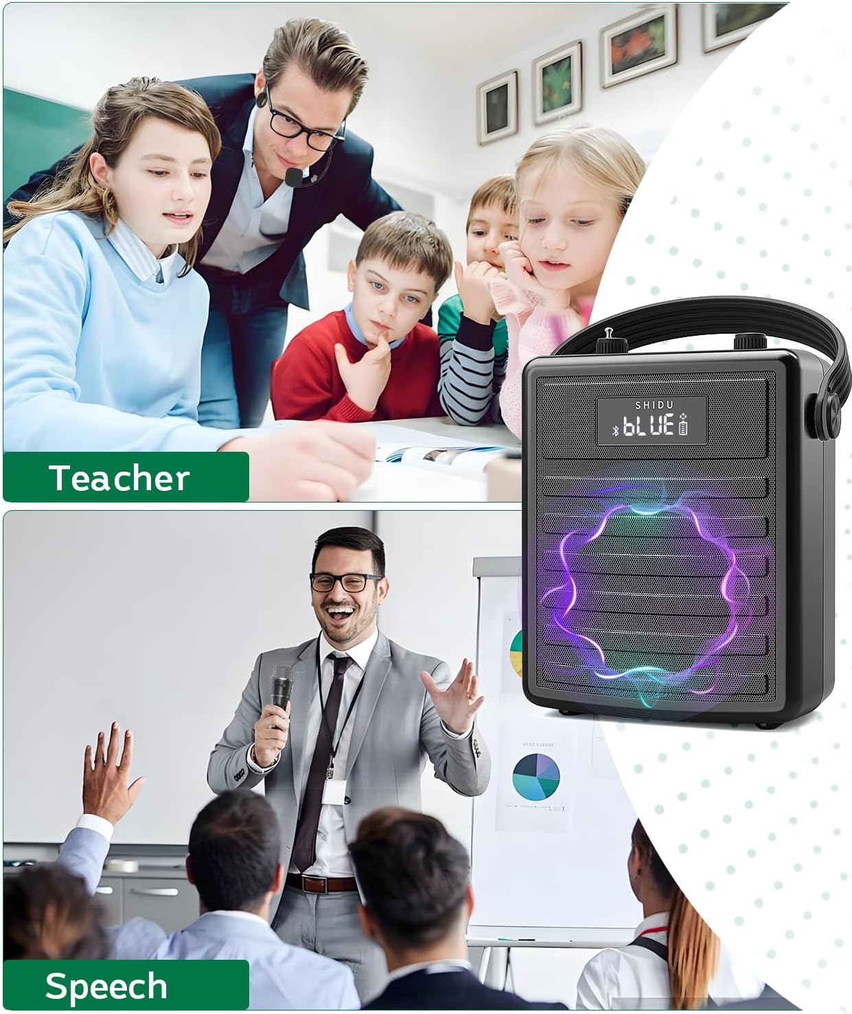 SHIDU 40W Voice Amplifier with Wireless Microphone, Portable PA System with Wireless Headset Mic & Speaker, 40W Loudly Bluetooth Portable Microphone and Speaker for Teacher, Meeting, Speech Events