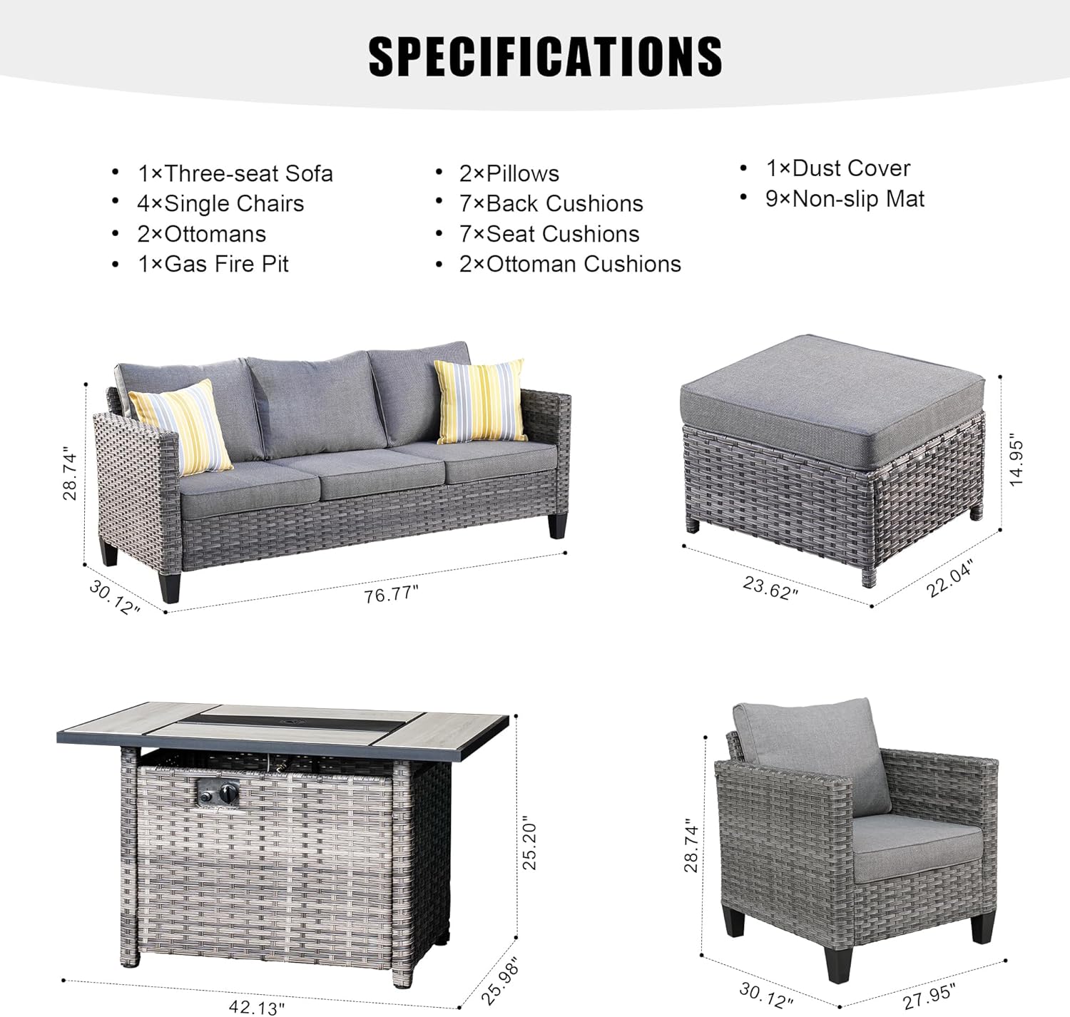 HOOOWOOO Outdoor Patio Furniture Set with Large Fire Pit Table,8 Piece Modern Wicker Couch Sofa Set with Ottoman, Outside All Weather Rattan Conversation Seating Set with Tilt Back(Dark Gray)