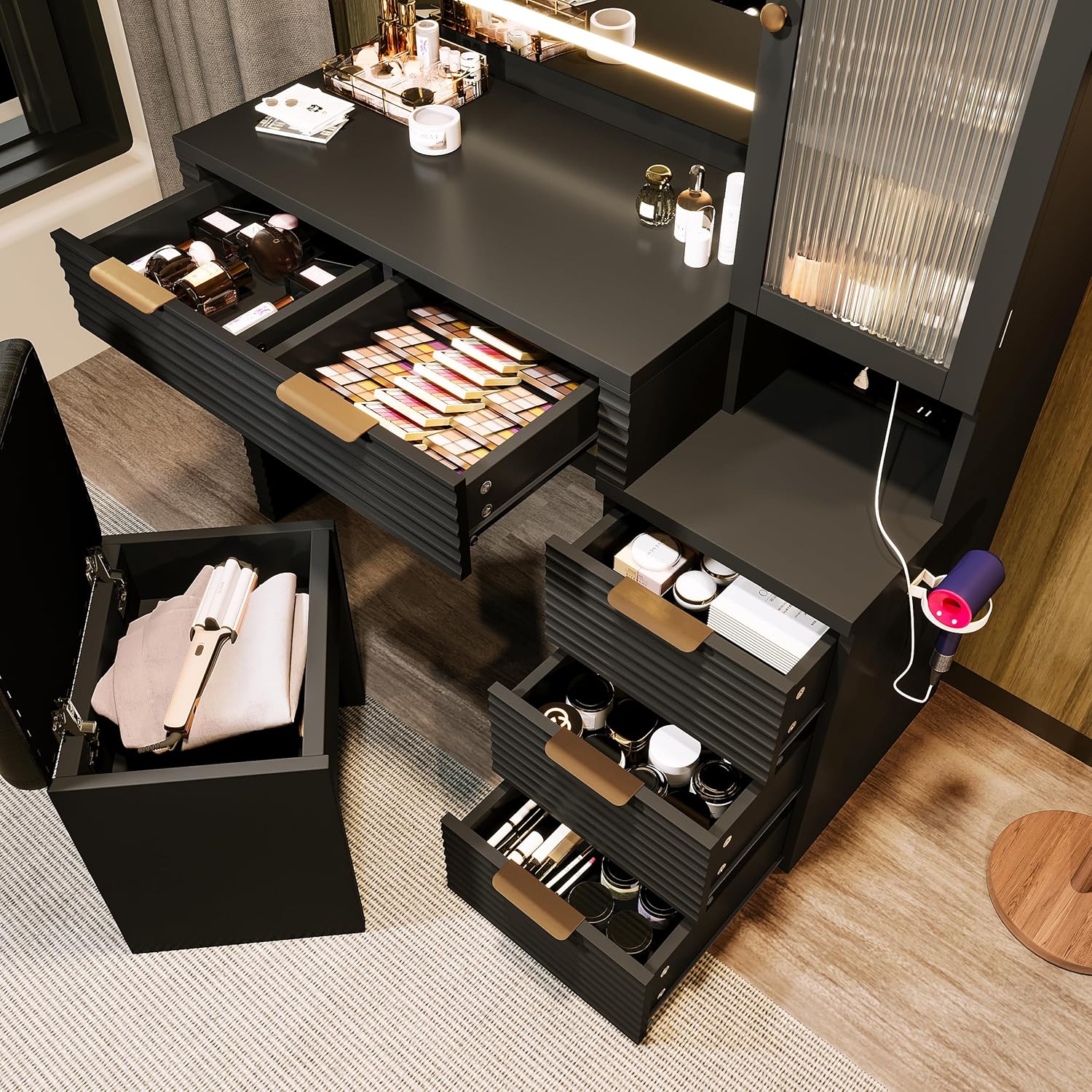 Merax Elegant Vanity Desk with Mirror and Lights, Fluted Makeup Vanity Table & Charging Station, Storage Drawers and Glass Door Cabinet, Black Dressing Table with Stool for Bedroom