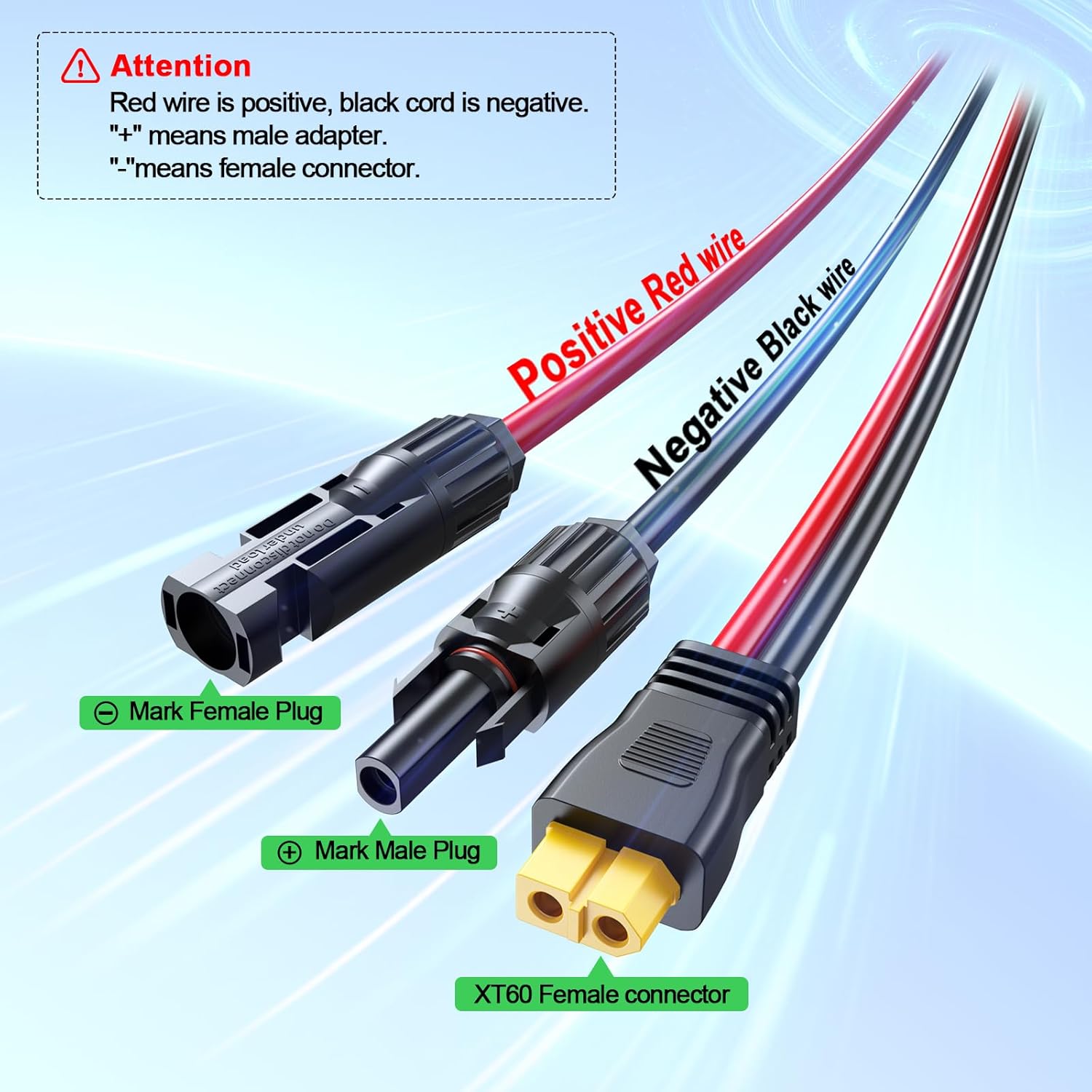 Bateria Power Solar to XT60 Charge Extension Cable with Solar Connectors Caps, Combined Wire Solar Connector to XT60 Adapter Cable for Solar Panel to Battery RV Power Station Generator 12AWG 50FT