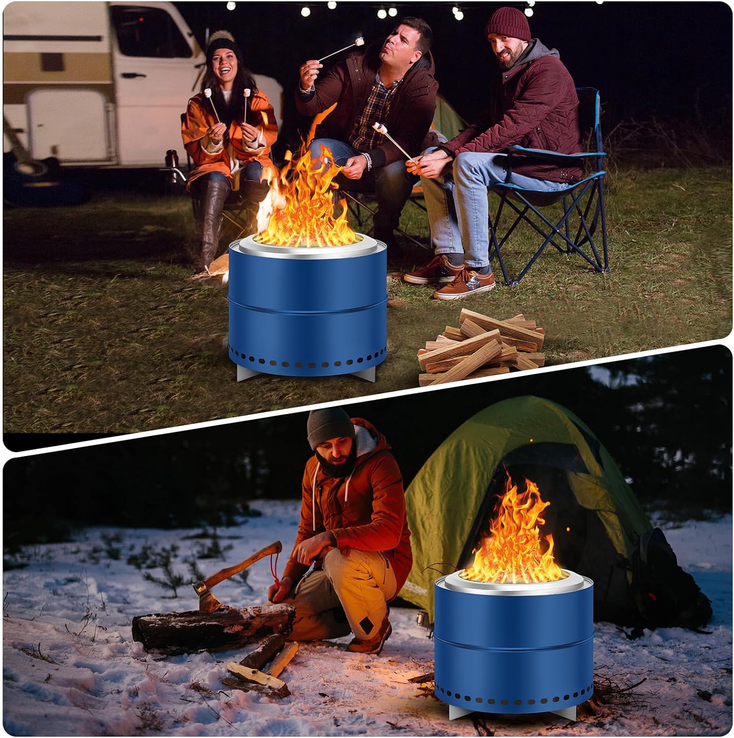 GarveeLife Smokeless Firepit, 20 in Stainless Steel Outdoor Portable Fire Pit with Removable Ash Pan and Carry Bag, Wood Burning Firepits for Outside with Stand, Ideal for 4-6 People, Blue