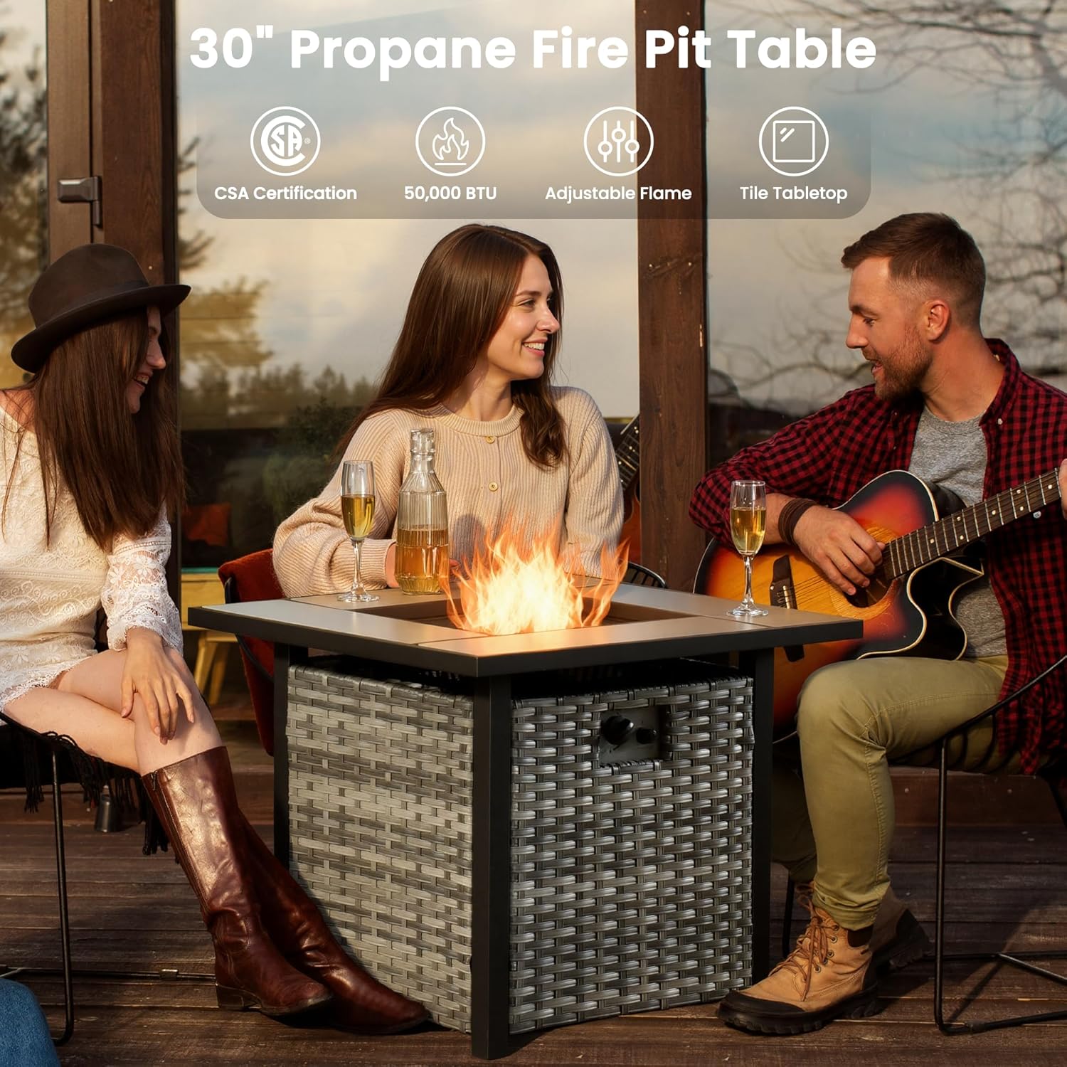 ovios 9 Pieces Patio Furniture Set with Square Fire Pit Table, Outdoor Swivel Rocking Chairs, High Back Wicker Rattan Conversation Set for Deck Porch, Grey