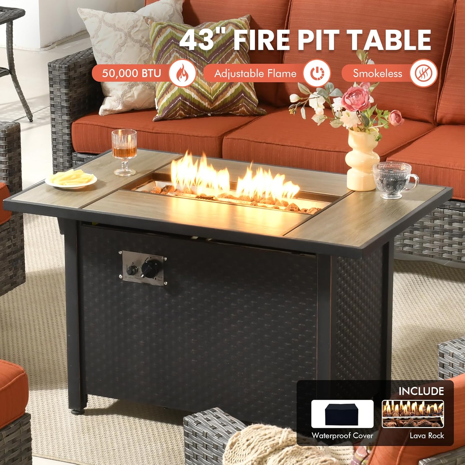 10 PCS Patio Outdoor Furniture Set w/Fire Pit Table,All Weather Wicker Outdoor Seating Sectional Sofa Set,Patio Outside Conversation Sets for Deck Yard Porch,Orange Red