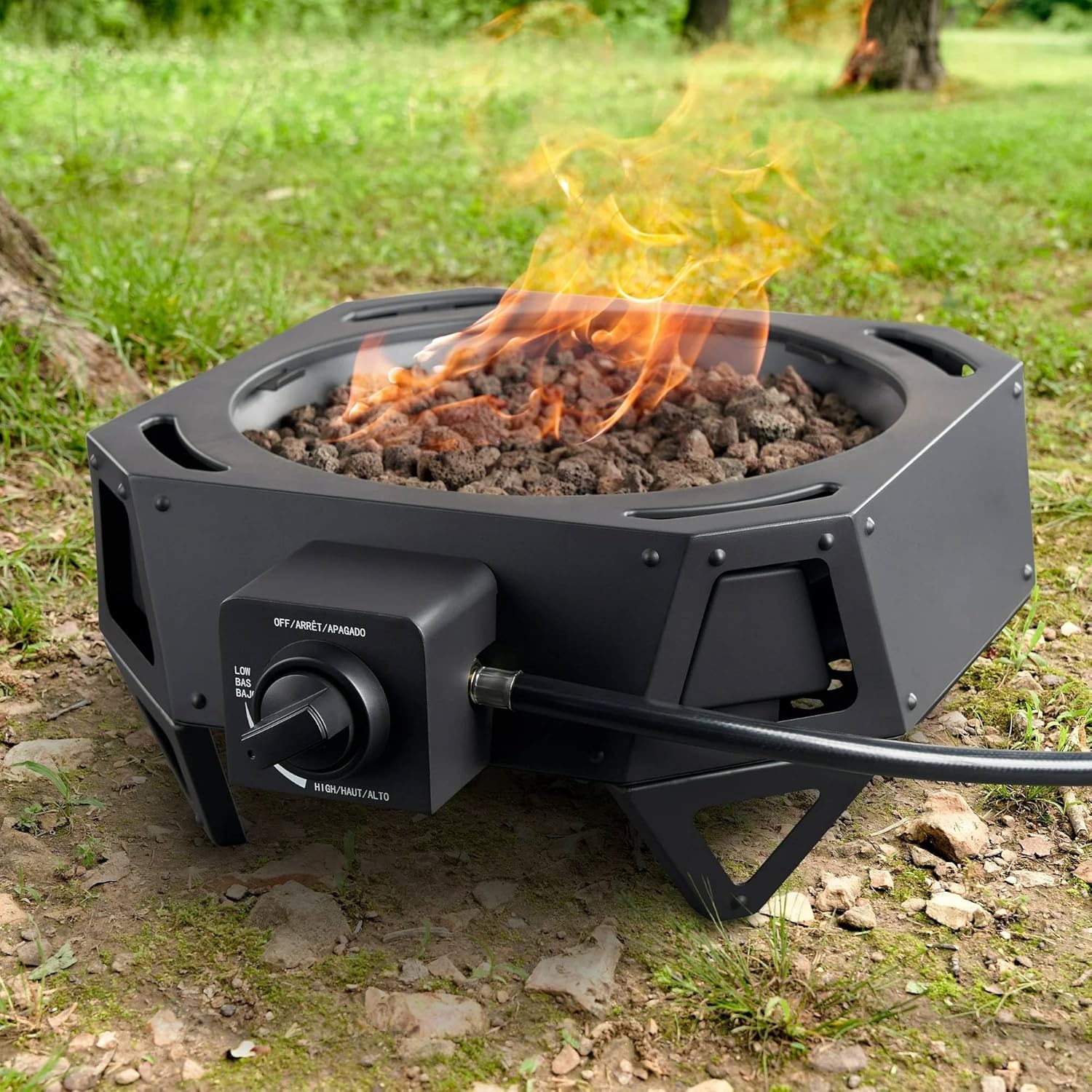 Portable Propane Gas Fire Pit with Locking Lid – 54,000 BTU Outdoor Steel Fire Bowl with Lava Rocks, Hose & Regulator, 15-Inch, Square Camping Gas Heater