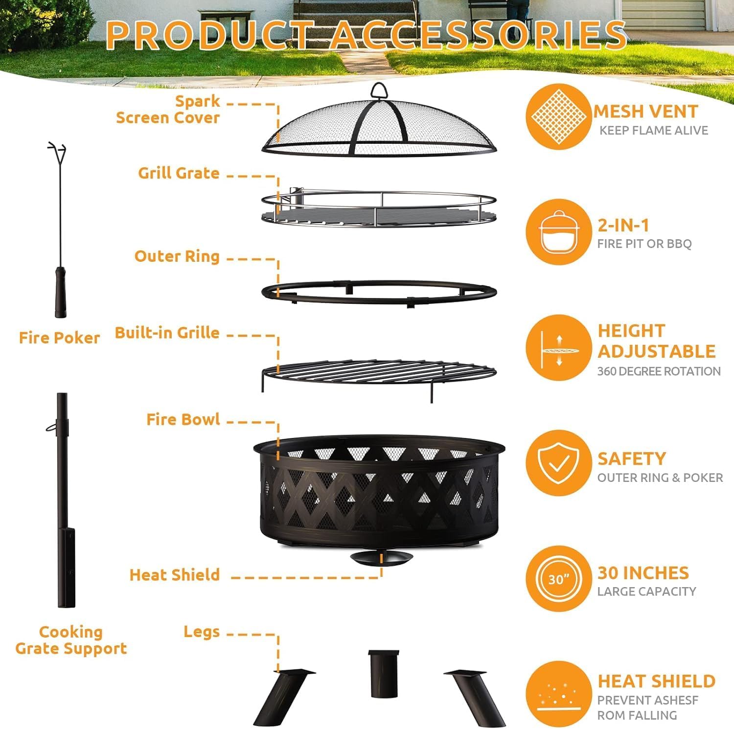 Amopatio Outdoor Fire Pit with Lid, 30 Inch Large Outdoor Wood Burning Fire Pits, Patio Backyard Firepit with Steel BBQ Grill Cooking Grate, Spark Screen & Poker for Garden, Bonfire, Camping, Picnic