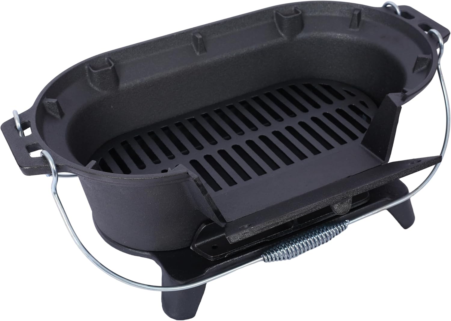 Oval Cast Iron Grill Outdoor, Portable Charcoal Grill and Tabletop Skillet - 100% Cast Iron, Enameled, Durable, Small Charcoal Grill, Camping Stove, Hibachi Grill (BLACK2)