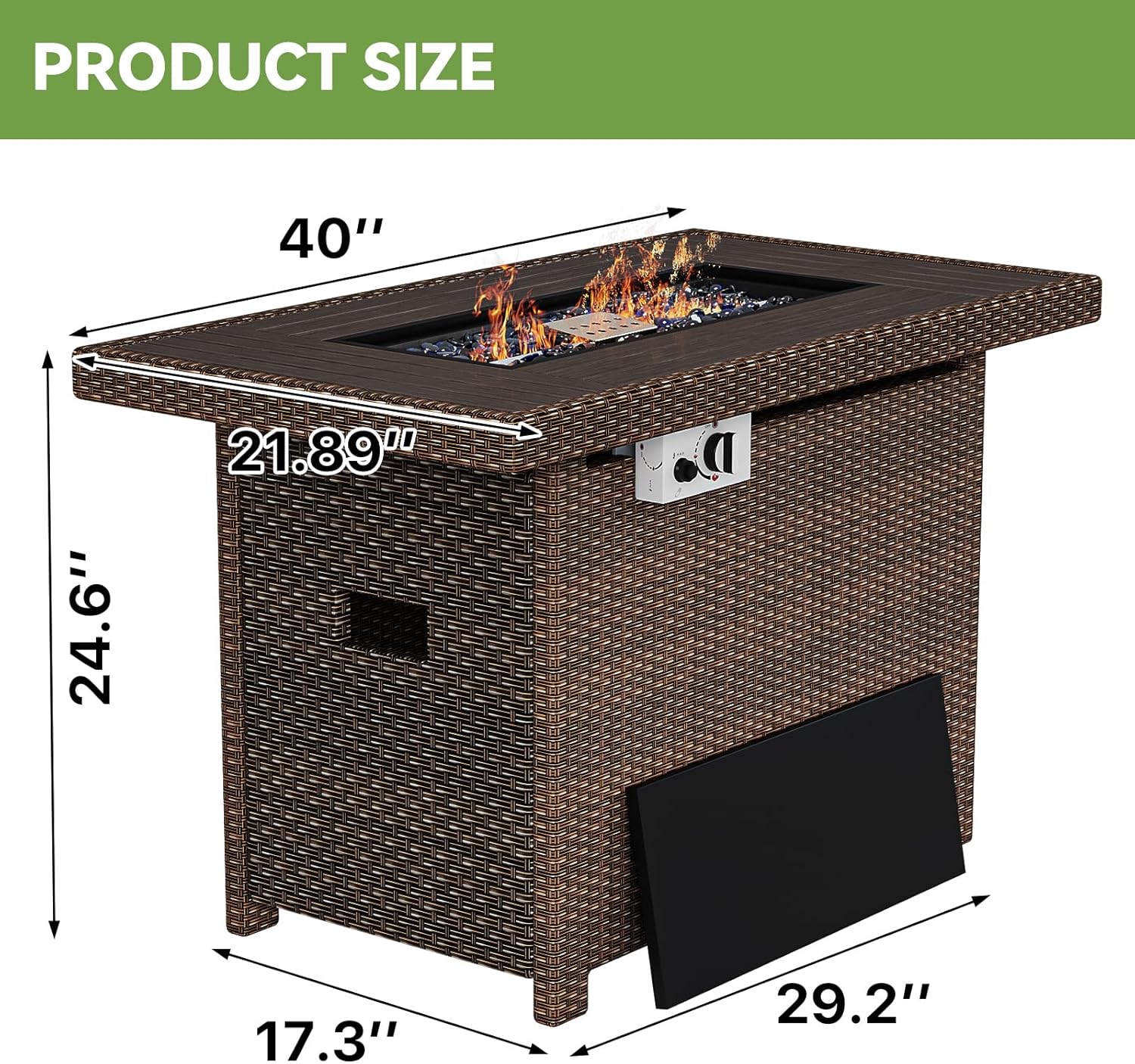 Propane Fire Pit Table with Storage, 40 in CSA Propane Fire Table Rectangular, Auto Ignition Gas Fire Pit for Outside Patio Deck, Oxford Cover, Brown Wicker