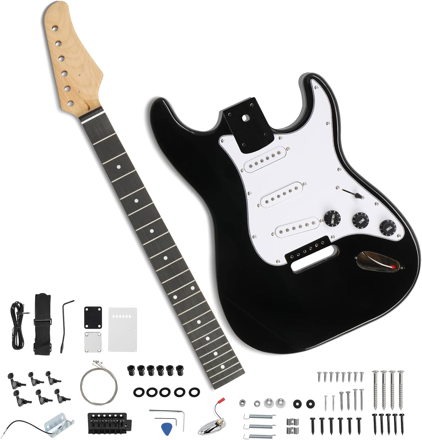 Ktaxon DIY Electric Guitar Kit with Solid Body, Full Size 6-String Electric Guitar Kits W/Maple Neck, Shoulder Strap, SSS Pickups, All Accessories Included, Black (KST)