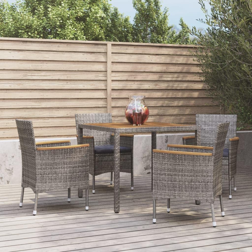 5 Piece Patio Dining Set with Cushions Gray Poly Rattan,WeatherResistant Acacia Wood Patio Dining Set with Comfortable Cushions Furniture Sets for Patio, Lawn & Garden