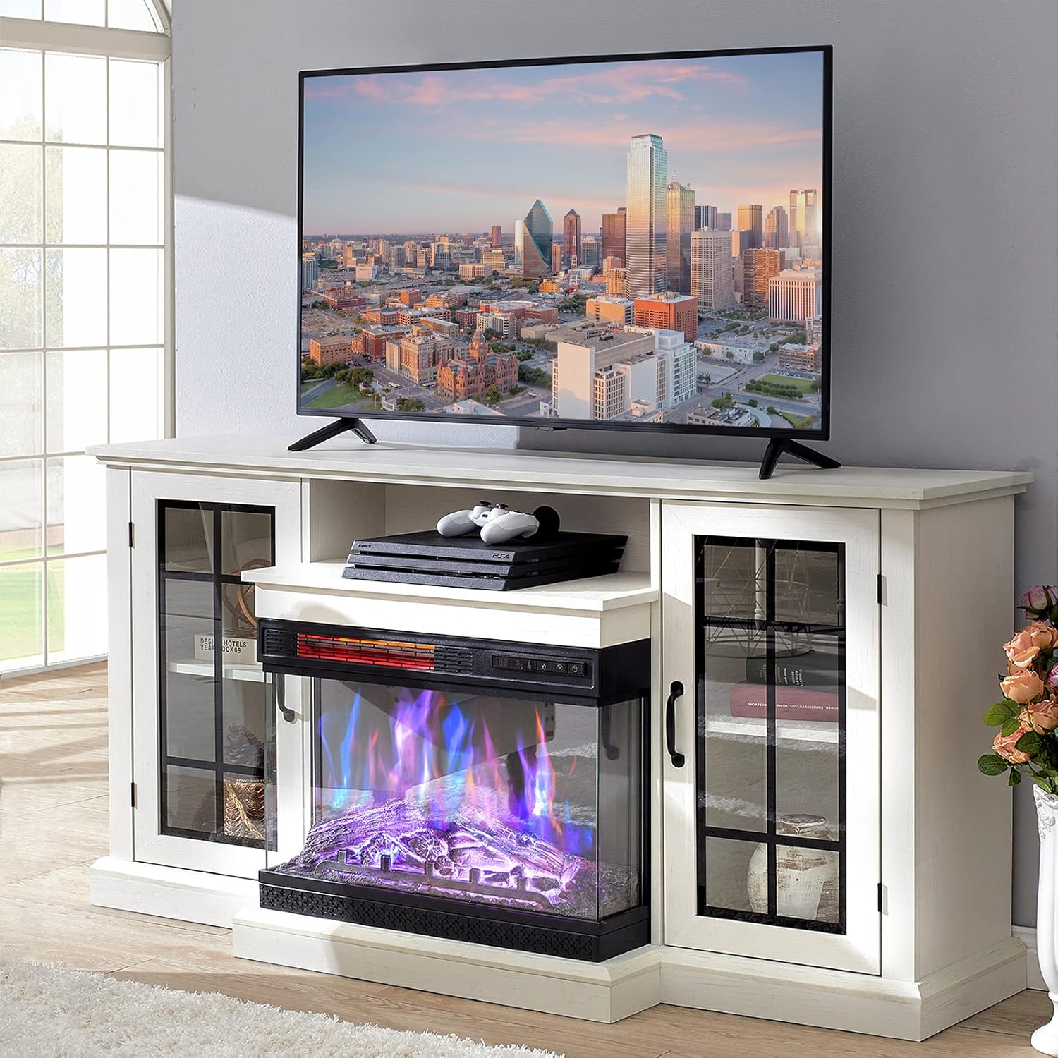 AMERLIFE 3-Sided Glass Fireplace TV Stand for TVs up to 65'' with 12 Color, Media Entertainment Center Console Table with Doors Closed Storage, White