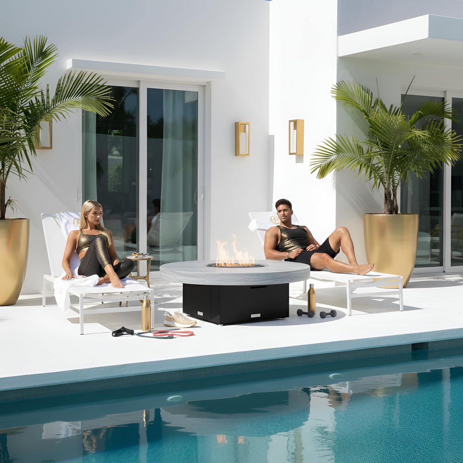 COOKE Parkway Circular Fire Pit Table - 48 Diam - Propane - Brushed Aluminum Top - Black Powdercoat Base