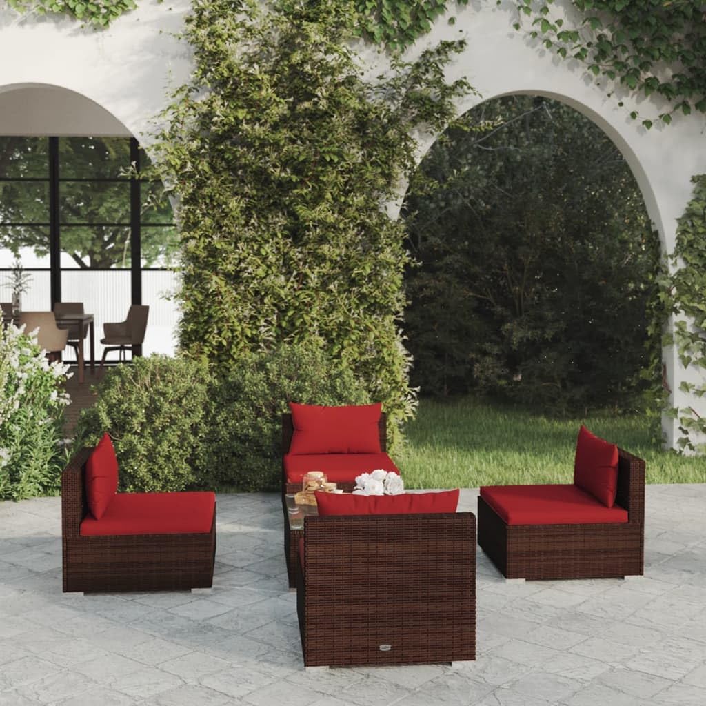 5 Piece Patio Lounge Set with Cushions Poly Rattan Brown,Poly Rattan Patio Lounge Set with Cushions: Modern Modular Outdoor Furniture Patio Furniture Sets, Outdoor Furniture Sets