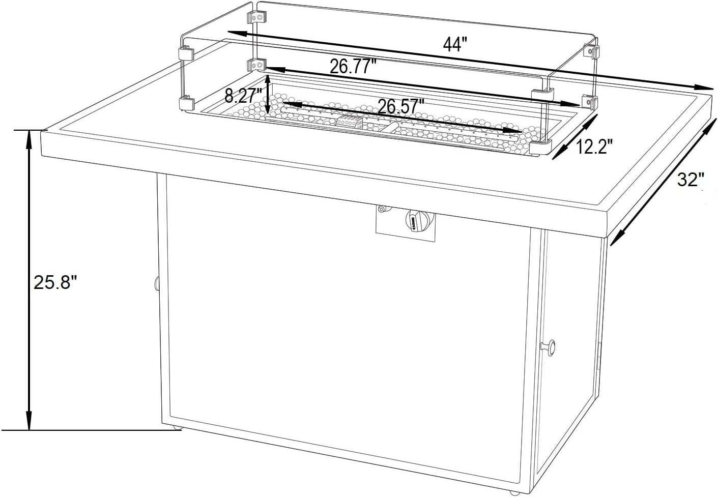 LeisureMod 44-Inch Propane Fire Pit Table, 50,000 BTU Auto-Ignition Gas Fire Pit with Lid, Tempered Glass Wind Guard & Decorative Stones, Dark Brown