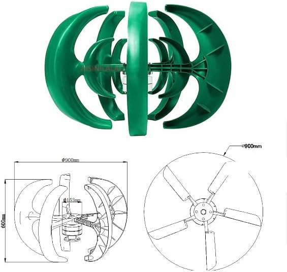 Low Noise Wind Turbine Generator Vertical Turbine, 3000W 12V 24V 48V Generator with Controller 5 Blades for Farm & Home Use(Green)