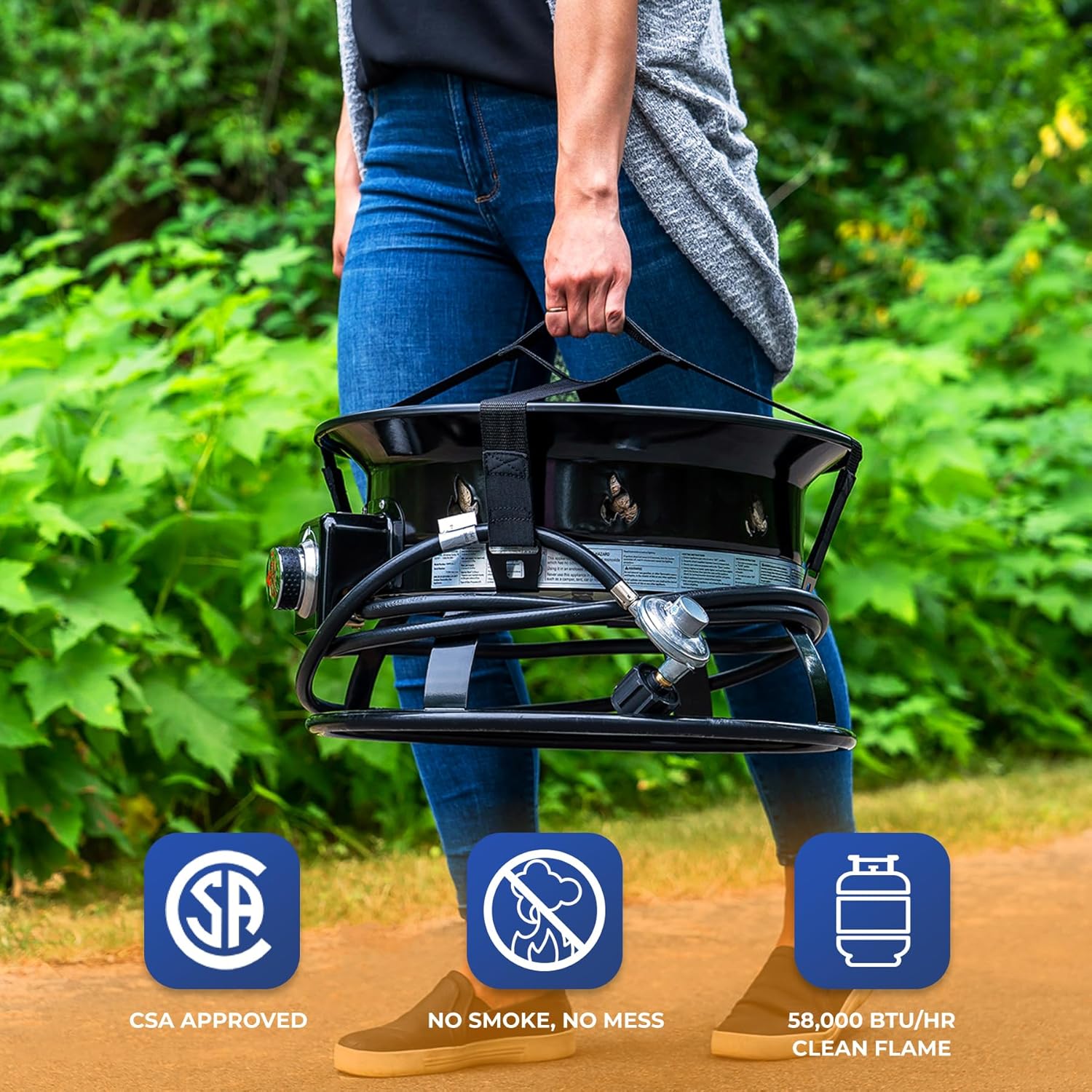 Outland Living Portable Propane Fire Pit, 19-inch, 58,000 BTU with Fire Pit Cover & Carry Kit, Smokeless Gas Firebowl | Perfect for Camping, Patio, Backyard, Tailgating, Deck, RV| Black 893 Deluxe