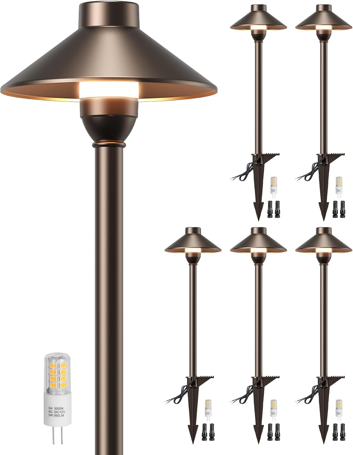 PARTPHONER Low Voltage Landscape Lighting 6-Pack, Aluminum 12V Pathway Lights with G4 Bulbs, Waterproof Oil Rubbed Bronze Color Wired Path Lights with Connectors for Walkway Yard Garden