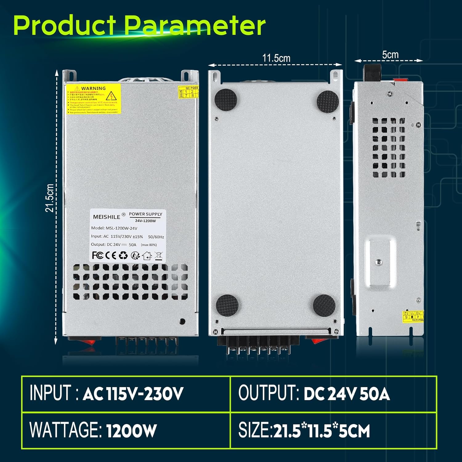 MEISHILE 24V 50A 1200W Switching Power Supply Adapter AC to DC Transformer Converter for LED Driver Strip Light Lamp, Amplifier, Machine, 120V 110V to 24Volt 10A 20A 30A 40Amp