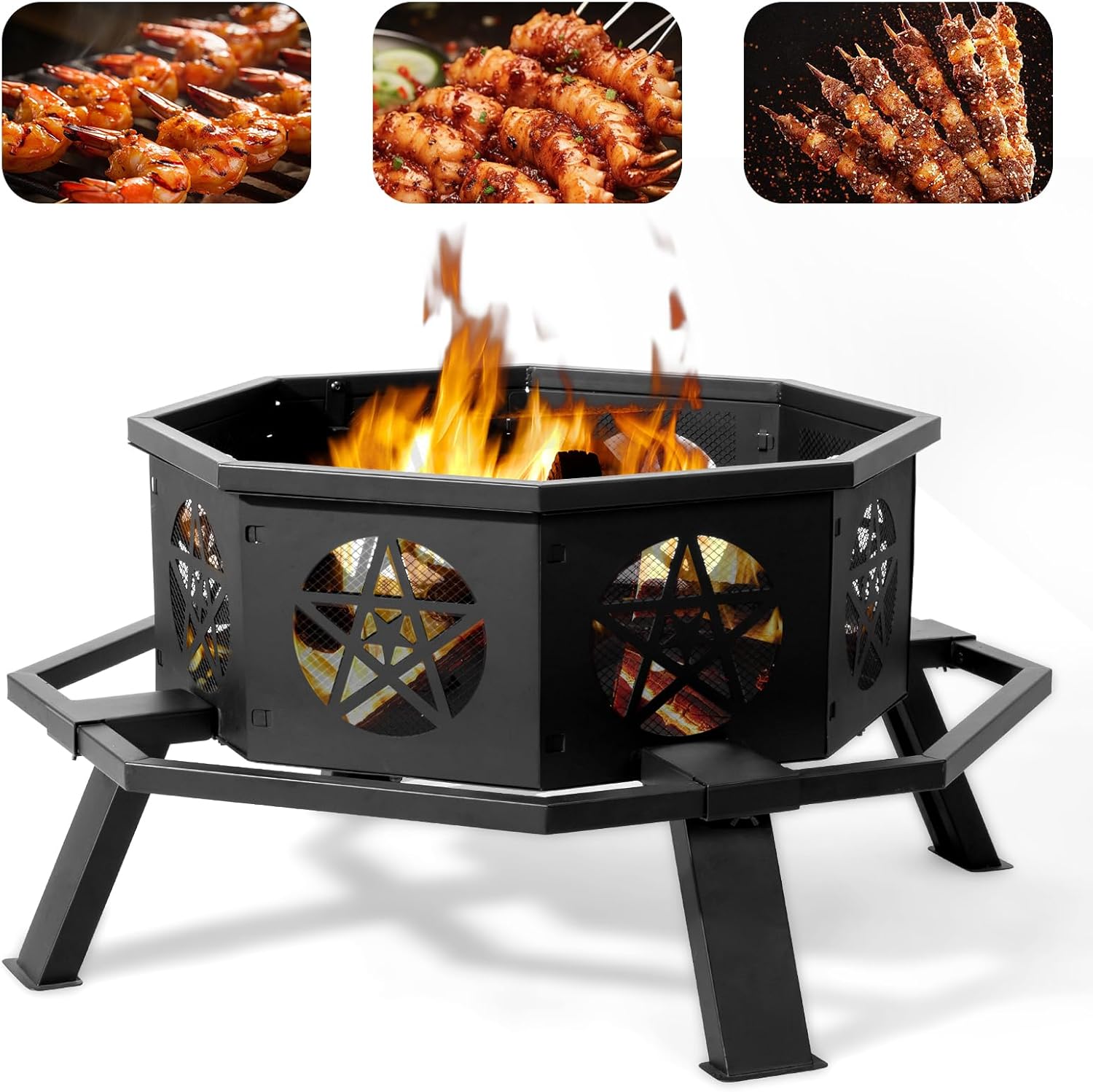 35 Inch Outdoor Fire Pit, Octagonal Alloy Steel Fire Bowl with Ventilation Bottom, Cutout Wall for Better Airflow, 4 Riser Protection, Foot Pedals, and Poker for Patio, Backyard, and Garden Bonfires