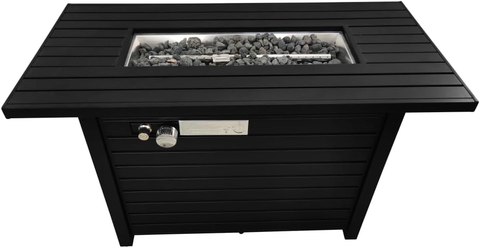 Modern Outdoor Propane Fire Pit Table with Lid 50000 BTU Stainless Steel Burner Black Steel Patio Heater