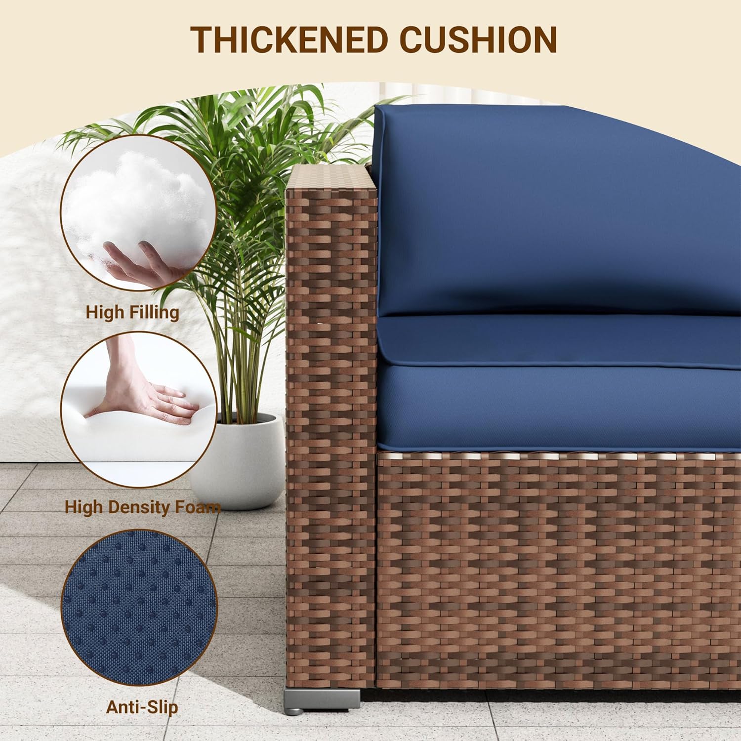 Patio Furniture Set with 44'' Propane Gas Firepit Table, 8 PCS Outdoor Sectional Conversation Sets with High Back, Navy Blue (Waterproof Cover Included)